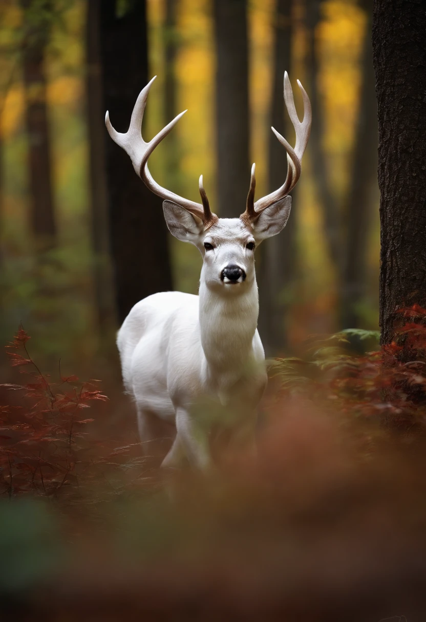 "Albino deer in a mysterious forest."