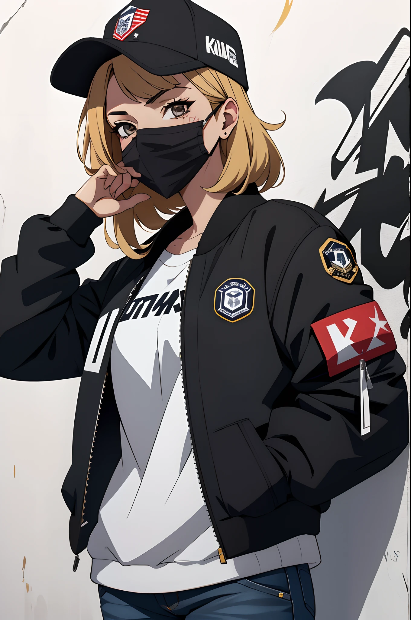 estilo anime, mujer grafitera, grafiti en la pared, usa chaqueta bomber grande, gorra de lado, mascarilla antigas, maxima calidad, ultra detallado, 8K, cuerpo entero
