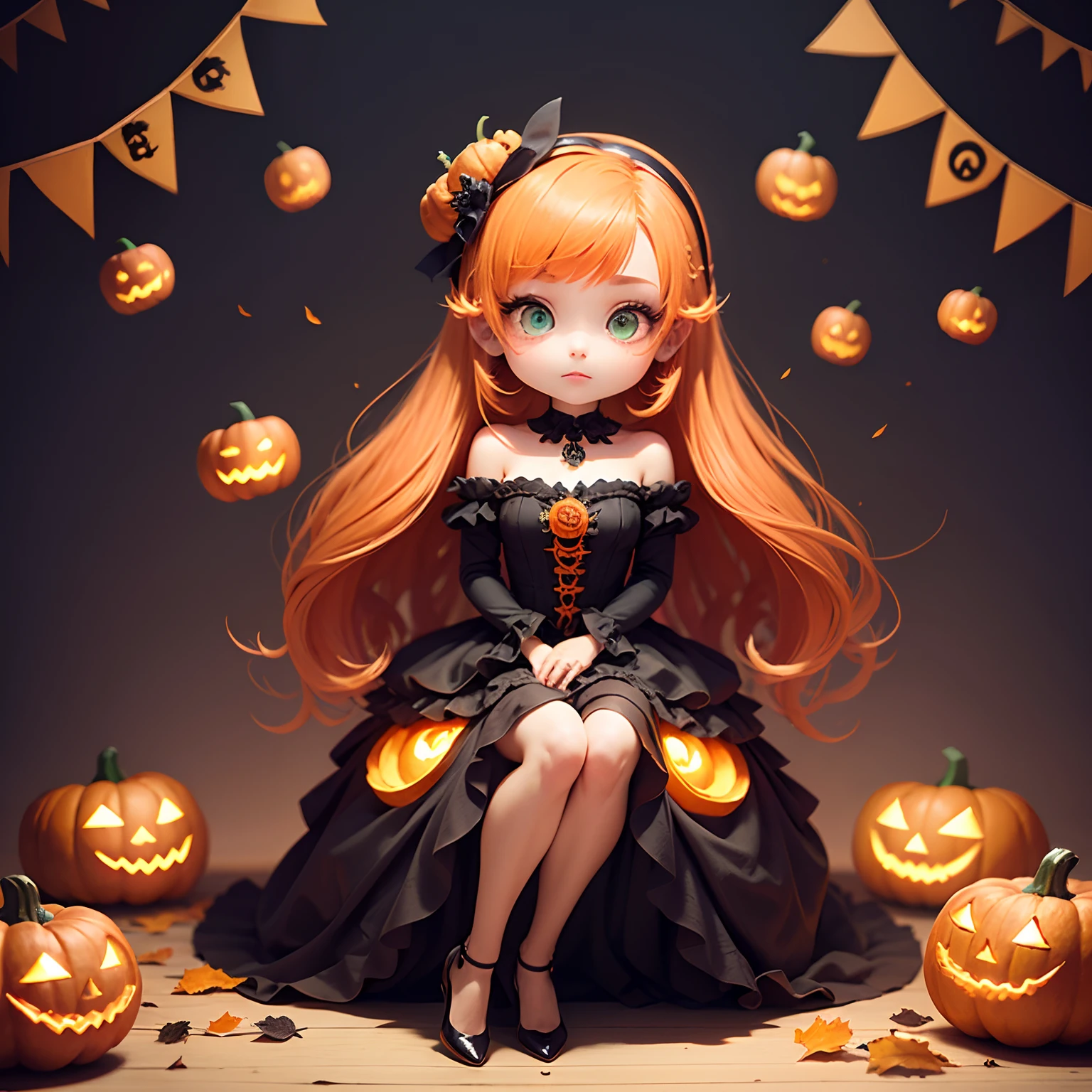 ​masterpiece、top-quality、ultra-detailliert、(Chibi Chara Pumpkin Princess:1.2)、Orange hair swaying in the wind、Green eyes、Sit on the pumpkin、Long dress with orange ruffles, peplums and embroidery、Orange Pumps、Halloween Cosplay、The background is a Halloween revelry
