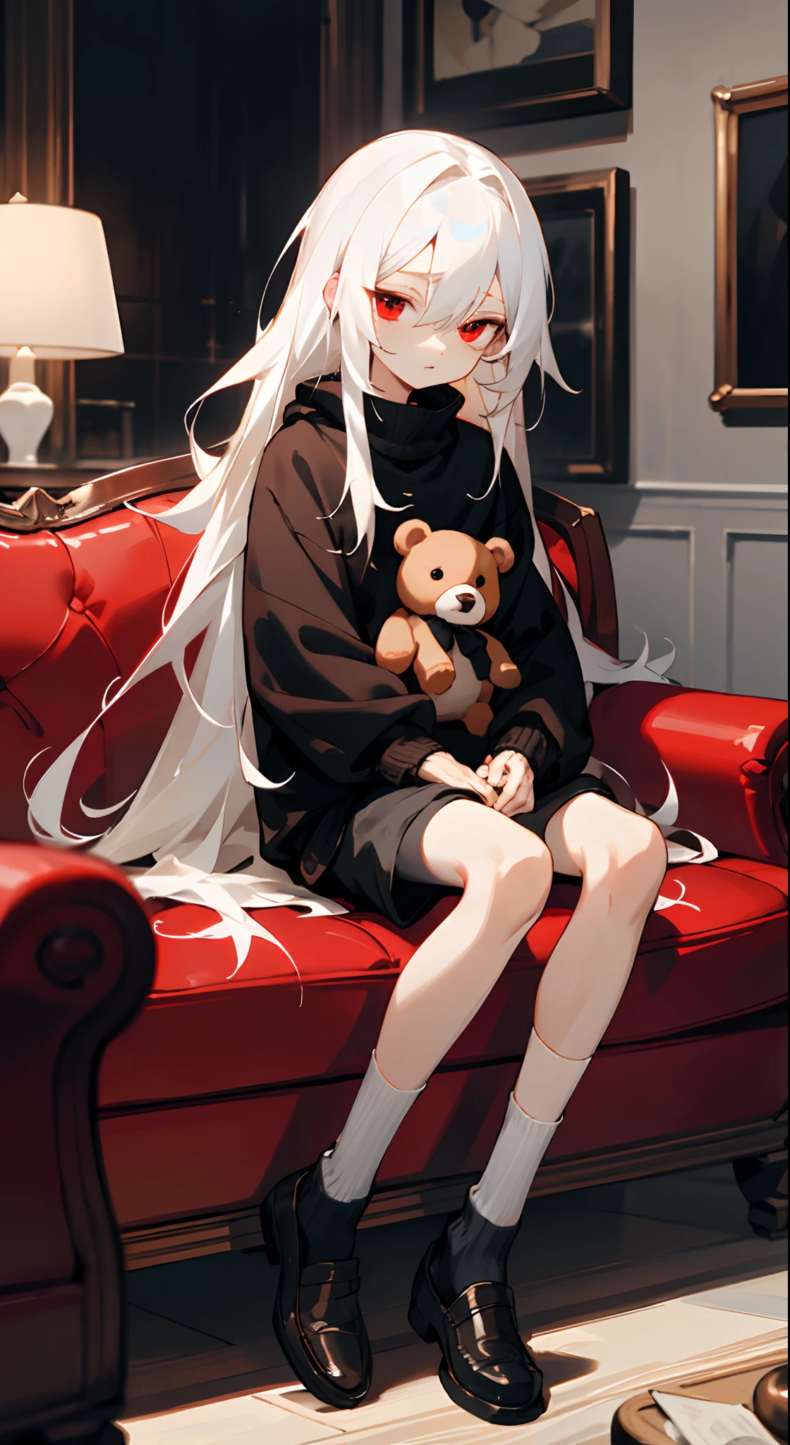 （tmasterpiece，best qualtiy），A long white hair、 with red eyes，Obediently sit on a beige sofa covered with knitted sofa covers，He was holding a brown bear doll in his hand，Shy and introverted，Warm lighting in the living room，Black loose long sweatshirt，Black  shorts，White high socks，Small black leather shoes，Blurred foreground