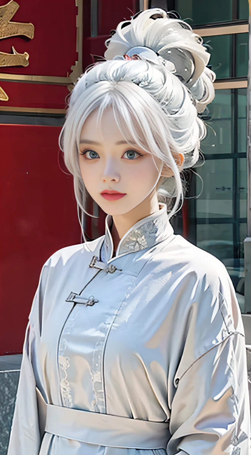 Medium Shot Shot, A beautiful woman looks at the camera, White hair, china red dress , green eyes