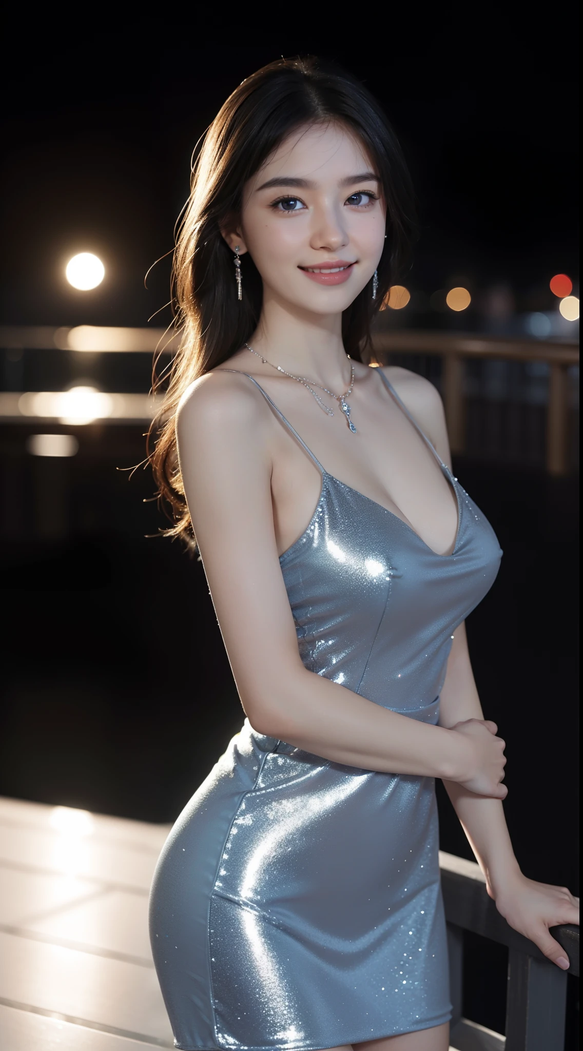 8k, masterpiece, RAW photo, best quality, photorealistic, extremely detailed CG unity 8k wallpaper, Depth of field, Cinematic Light, Lens Flare, Ray tracing, (extremely beautiful face, beautiful lips, beautiful eyes), intricate detail face, ((ultra detailed skin)) 1girl, in the dark, deep shadow, pretty asian girl, ((looking at viewer)),(big smile), (blurry background), midnight, (pretty girl), earrings, bracelets, necklace, clear eyes, (pale skin), face forward, (big eyes), (looking at viewer), large breasts ,((smile)), rooftop, dim lights, ((night)), cityscape, blue eyes, sparkling dress, , mini dress, very short red dress, open breast, veranda, very slim, (medium butt), see through dress, thick thighs, open breast