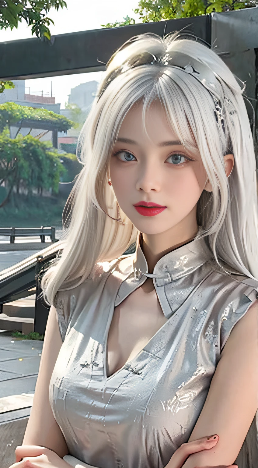 Medium Shot Shot, A beautiful woman looks at the camera, White hair, china red dress , green eyes