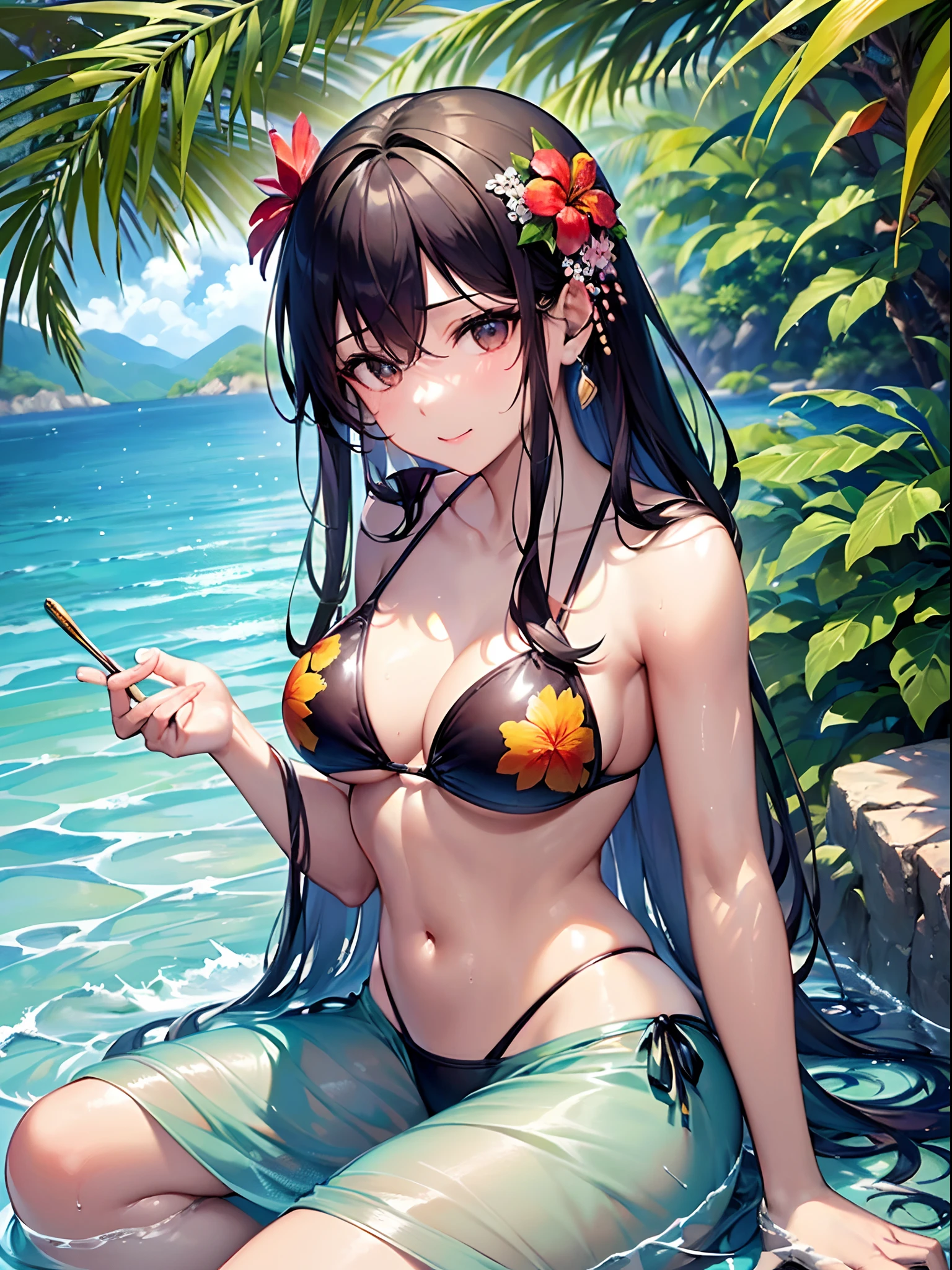((Finest quality)),(超A high resolution),(ultra-detailliert),(Meticulous portrayal),((best pictures)),(Finest works of art),Ultra-Precision Art,The art of astounding depiction, Tropical beaches:1.5,Tropical Flowers,suns, (1人の女性:1.5)Floral bikini swimsuit:1.5,See-through paleo:1.3