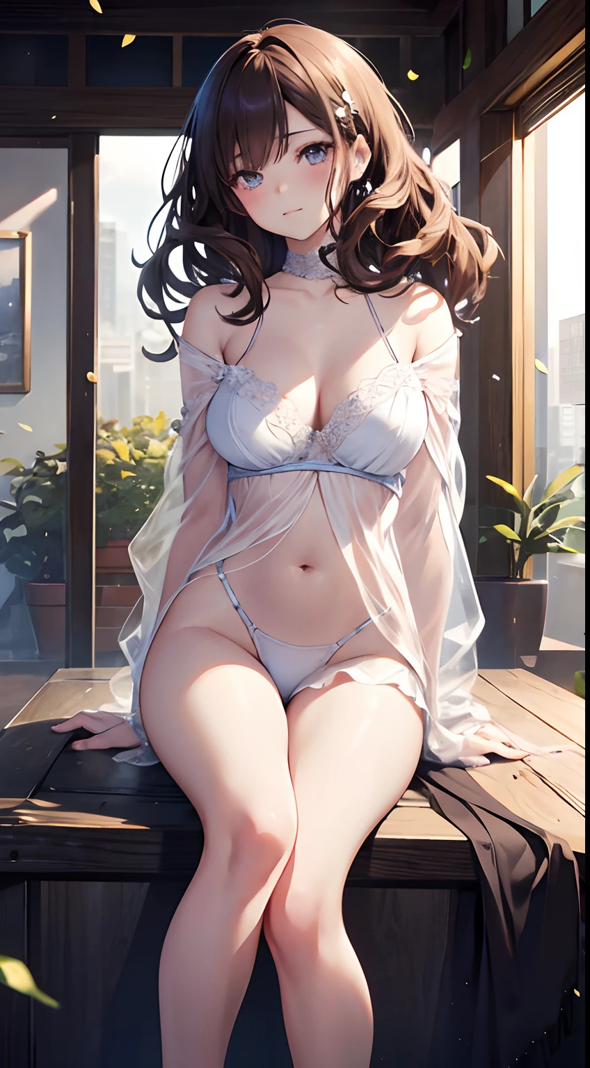 melancholy lighting, tranquil, Calm, Glow, masutepiece, Best Quality, 1girl in, (JinxLol:1.2), (hyperphotorealistic:1.3), (masutepiece:1.4), Best Quality,45 yers old, Beautiful female teacher, A sexy, ((Realistic)), High quality , ultra-detailliert, ((Real Image)), ((Realistic skin)), ((Realistic face)),(Illustration:1.05), (Beautiful:1.05), (Beautiful detailed eyes:1.05), (Cinematic Light:1.1 ), Full body, Precise proportions, 18 year old girl, Slim Model Standing, Black curly hair fluttering in the wind, tulle, long thick legs, Large Thigh, Buttocks, blush, Shyness, 鎖骨, Abs, Double weave, Pretty face and delicate, Clear skin, Real Skin, (Face Detail), pores, 超A high resolution, 8K, parameters Best quality, masutepiece, 超A high resolution, (Realistic 2.0), More details, Detailed skin, Short Short Open Tier, Hair Brunette, Perfect well-drawn brown eyes, girlfriend, Pretty, Pretty, Flowers, Studio Lighting
