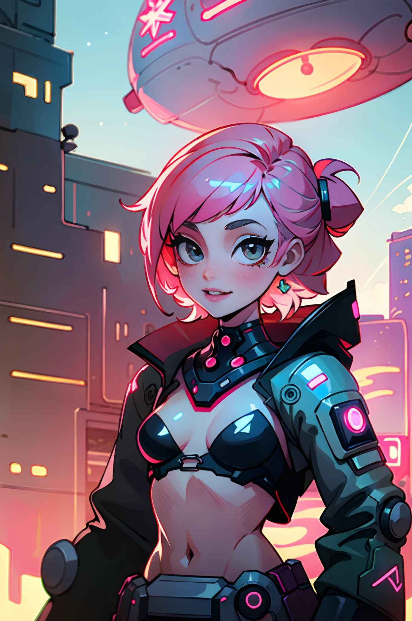 (best quality, masterpiece), 1girl, cyberpunk, neon, cloudy sky, (cartoon: 1.5), sexy, string, small breast, tight, petite, small, neon signs, city park, crop stop, smile, detailed eyes, black lips, black mascara, pink hair