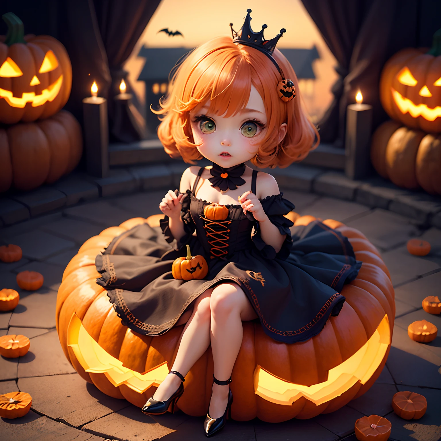 masterpiece、top-quality、ultra-detailliert、(Chibi Chara Pumpkin Princess:1.2)、Orange hair swaying in the wind、Green eyes、Sit on the pumpkin、Long dress with orange ruffles, Embroidery with peplums、Orange Pumps、Halloween Cosplay、The background is a Halloween revelry
