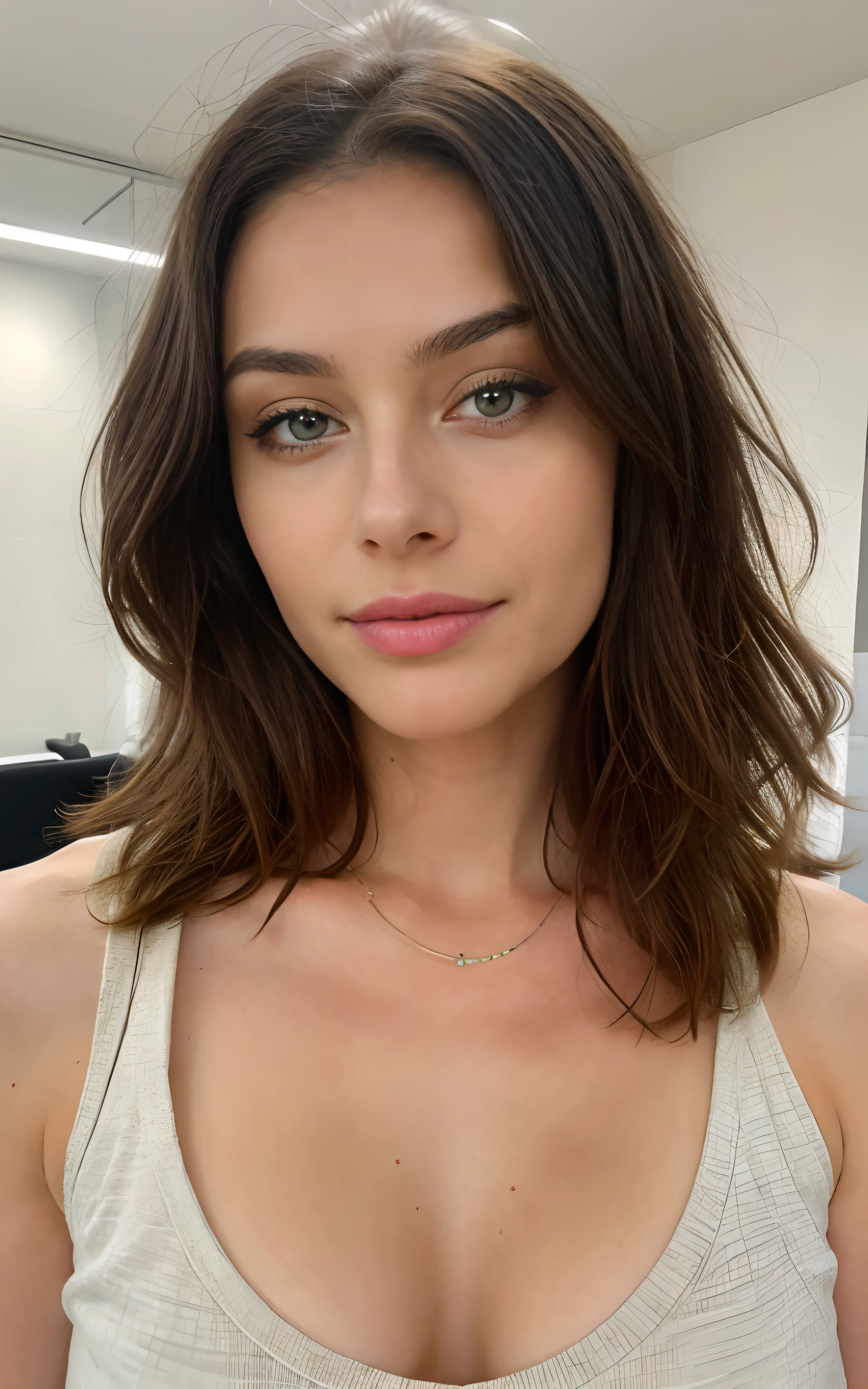 30yo woman,striking presence,heart-shaped face,piercing green eyes,sparkling eyes,creativity and curiosity,long tousled brunette hair,elegant look,mischievous smile,adventurous spirit,high cheekbones and a defined jawline,sculpted and dynamic appearance,sun-kissed skin,