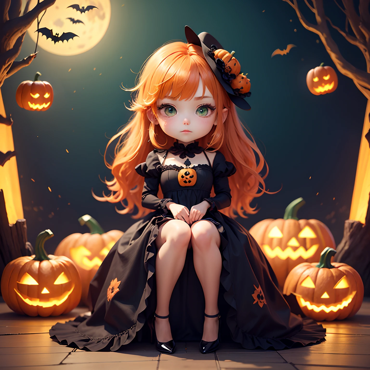 ​masterpiece、top-quality、ultra-detailliert、(Chibi Chara Pumpkin Princess:1.2)、Orange hair swaying in the wind、Green eyes、Sit on the pumpkin、Long dress with orange ruffles, Embroidery with peplums、Orange Pumps、Halloween Cosplay、The background is a Halloween revelry