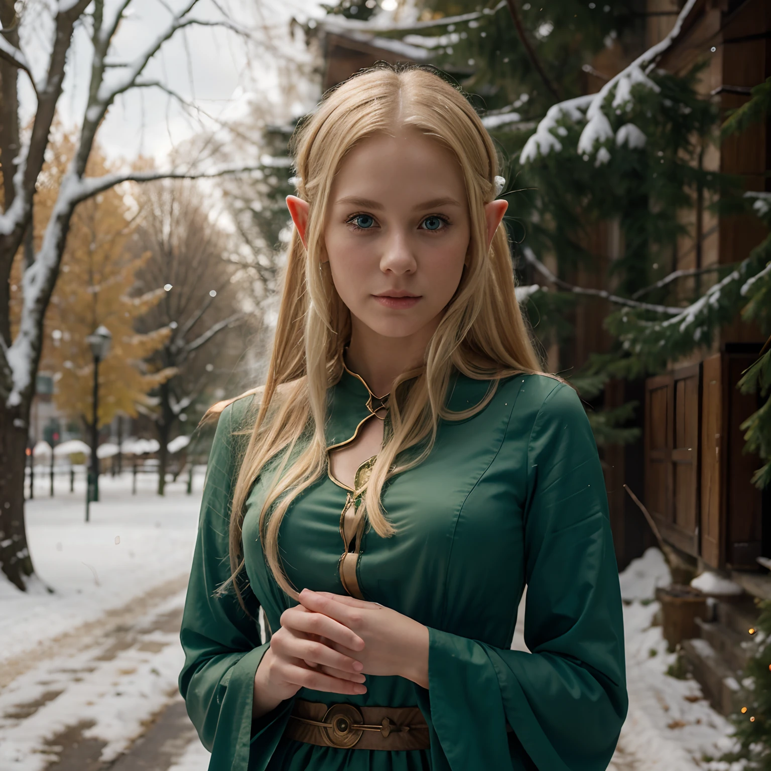 Realistic blonde winter elf girl from the year 1800 in a long green dress