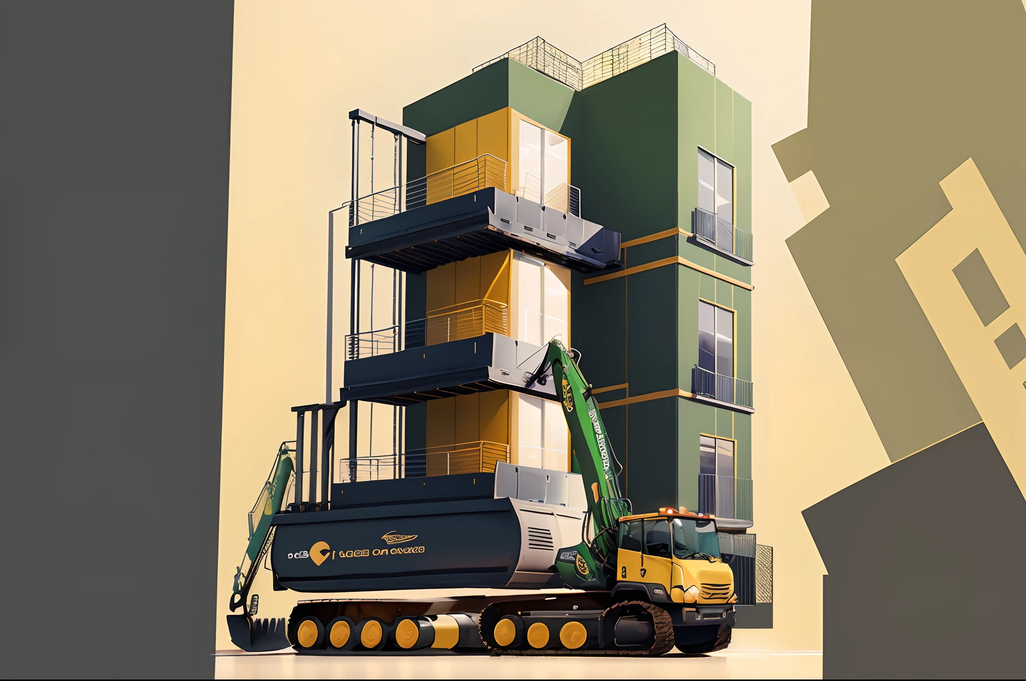 Make a business logo for rental company with long van, lifts, excavator in yellow and green colors