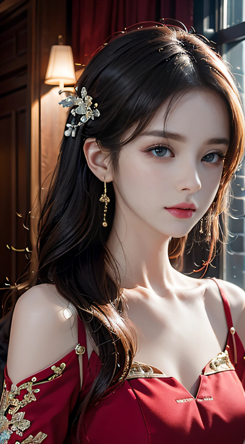 Top quality work，Photorealistic works，Ultra Premium Graphics，8K HD CG works，High-quality graphics，High-definition fine CG works，10x pixel，Ultra-fine details：1.1，Advanced technical details：1.1Photographically realistic，Indoor lighting effects：1.5，Natural light：1.5. light effect（Virtual Light Effects：1.8），超A high resolution ,Transparent hair，High Detail Hair（Premium Hair Detail：1.1）Clear eyes，Good looking double eyelids，Sharp eye makeup, Delicate makeup for eyelashes, Thin eyebrows, ultradetailed eyes，High Nose, lovely red lips, Rose cheeks, Face with delicate makeup , Pretty Face, A perfectly proportioned face,（Advanced facial details：1.1）, Women's Artwork，full-body view，Goddess of Dress，，amazing，Today's eyes are bright, A beautiful woman looks at the camera, White hair, china red dress , green eyes ,fuull body