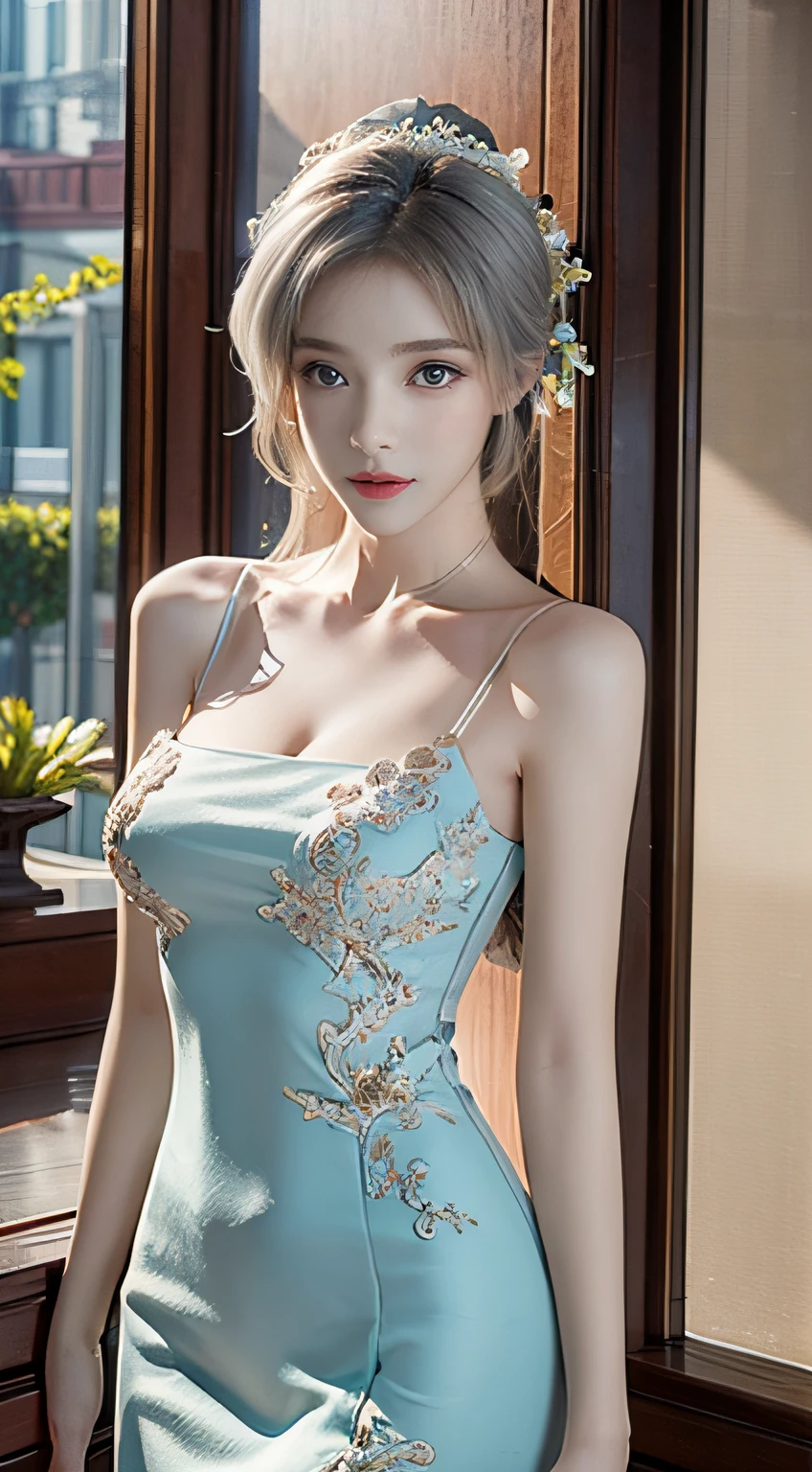 Top quality work，Photorealistic works，Ultra Premium Graphics，8K HD CG works，High-quality graphics，High-definition fine CG works，10x pixel，Ultra-fine details：1.1，Advanced technical details：1.1Photographically realistic，Indoor lighting effects：1.5，Natural light：1.5. light effect（Virtual Light Effects：1.8），超A high resolution ,Transparent hair，High Detail Hair（Premium Hair Detail：1.1）Clear eyes，Good looking double eyelids，Sharp eye makeup, Delicate makeup for eyelashes, Thin eyebrows, ultradetailed eyes，High Nose, lovely red lips, Rose cheeks, Face with delicate makeup , Pretty Face, A perfectly proportioned face,（Advanced facial details：1.1）, Women's Artwork，full-body view，Goddess of Dress，，amazing，Today's eyes are bright, A beautiful woman looks at the camera, White hair, china red dress , green eyes ,fuull body