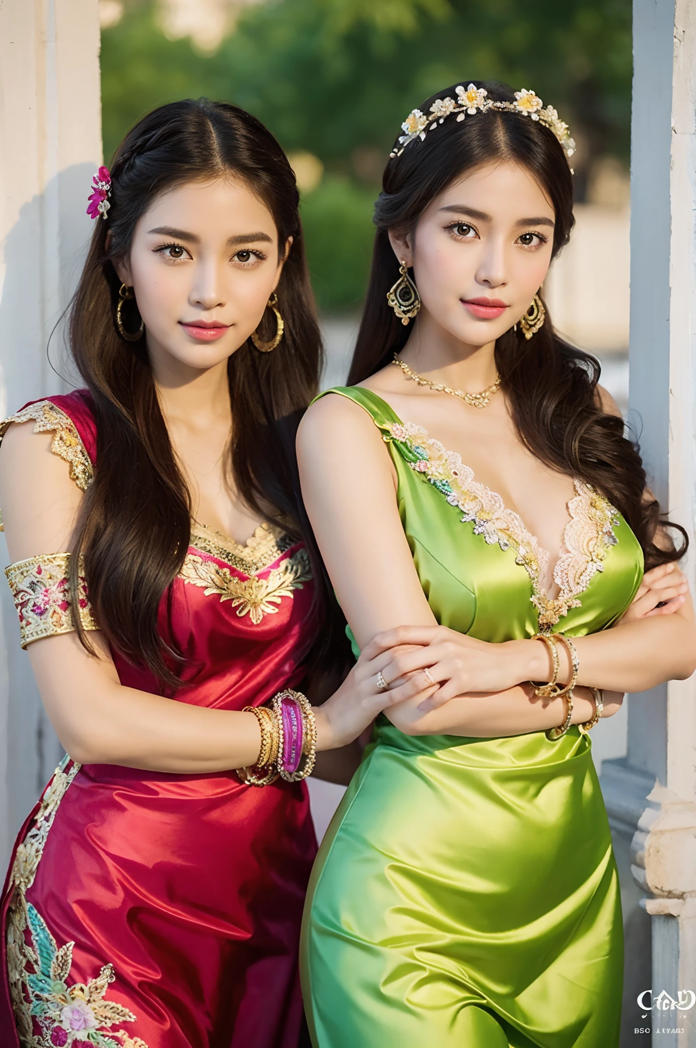 The proportions are the same for all races, All faces and pictures must be different,portrait of two vibrant exotic goddesses,silk lace,Embroidery,armlets, bangle:1.3,Ancient hair accessories,