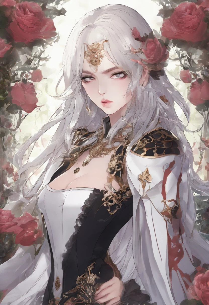 Petition of Chaos、Shaggai's indescribable vowels、The Invitation of the Radiant Mastepper, Highest Quality, (Solo Focus), (Perfect face:1.1), (high detailing:1.1), (ultradetailed eyes), Dramatic, Man with pale skin and long voluminous white hair, White eyes, Solo, Long hair, Sephiroth, Moon, Night, white luxury suit, Covered navel, Pouty lips, furr, arrogant expression, rose garden, Detailed background, Art by Artgerm, Cinematic lighting, roses, Fashion, BalenciagaStyle