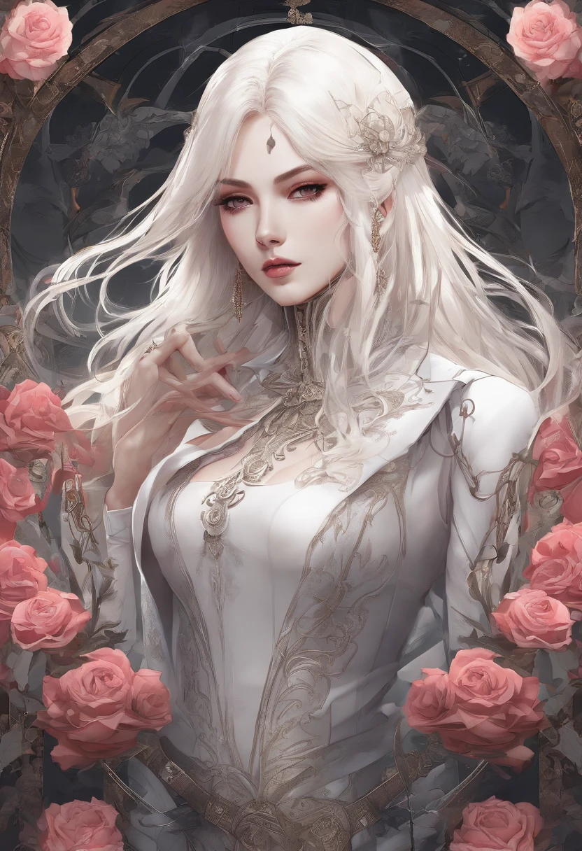 Petition of Chaos、Shaggai's indescribable vowels、The Invitation of the Radiant Mastepper, Highest Quality, (Solo Focus), (Perfect face:1.1), (high detailing:1.1), (ultradetailed eyes), Dramatic, Man with pale skin and long voluminous white hair, White eyes, Solo, Long hair, Sephiroth, Moon, Night, white luxury suit, Covered navel, Pouty lips, furr, arrogant expression, rose garden, Detailed background, Art by Artgerm, Cinematic lighting, roses, Fashion, BalenciagaStyle