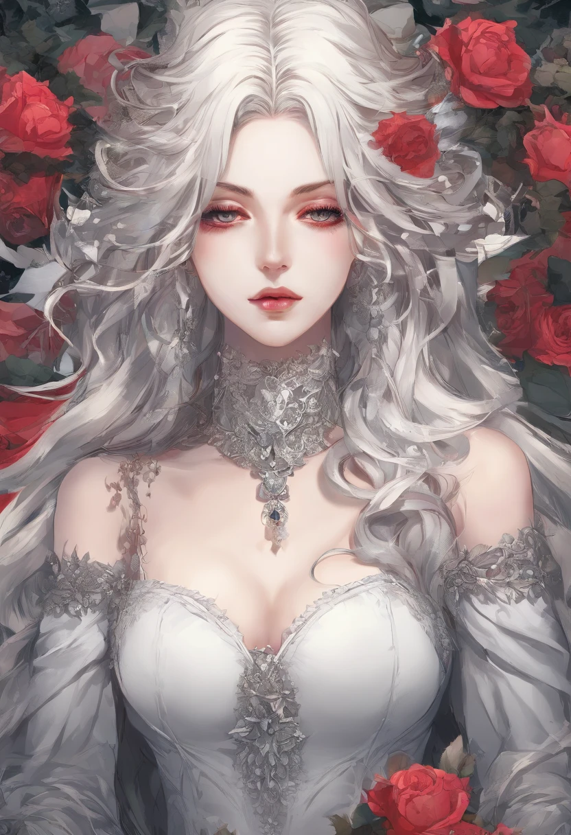 Petition of Chaos、Shaggai's indescribable vowels、The Invitation of the Radiant Mastepper, Highest Quality, (Solo Focus), (Perfect face:1.1), (high detailing:1.1), (ultradetailed eyes), Dramatic, Man with pale skin and long voluminous white hair, White eyes, Solo, Long hair, Sephiroth, Moon, Night, white luxury suit, Covered navel, Pouty lips, furr, arrogant expression, rose garden, Detailed background, Art by Artgerm, Cinematic lighting, roses, Fashion, BalenciagaStyle