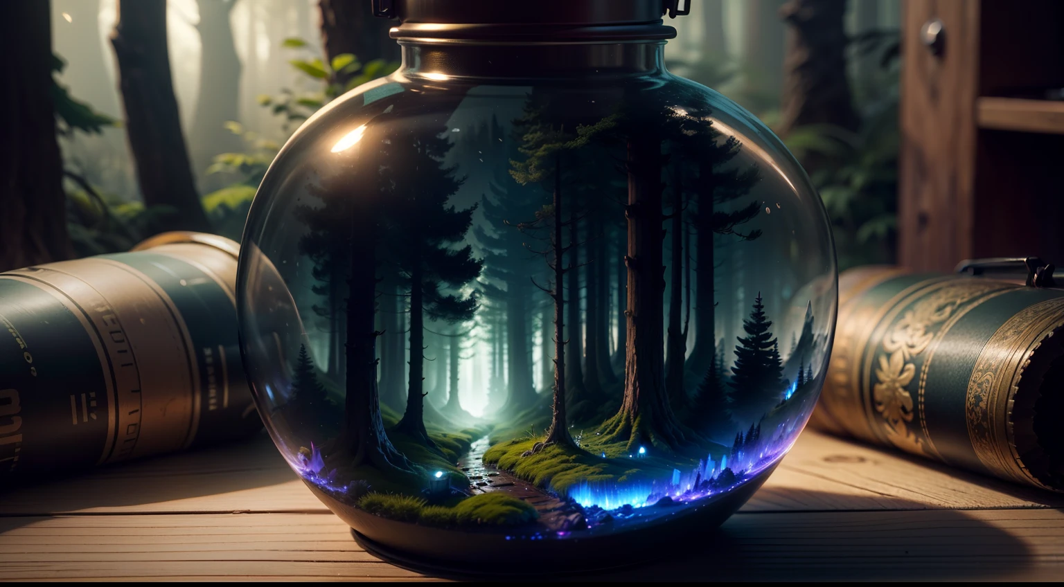 (An intricate forest minitown landscape trapped in a bottle), atmospheric oliva lighting, on the table, 4k UHD, dark vibes, hyper detailed, vibrant colours forest background, epic composition, octane render, sharp focus, high resolution isometric