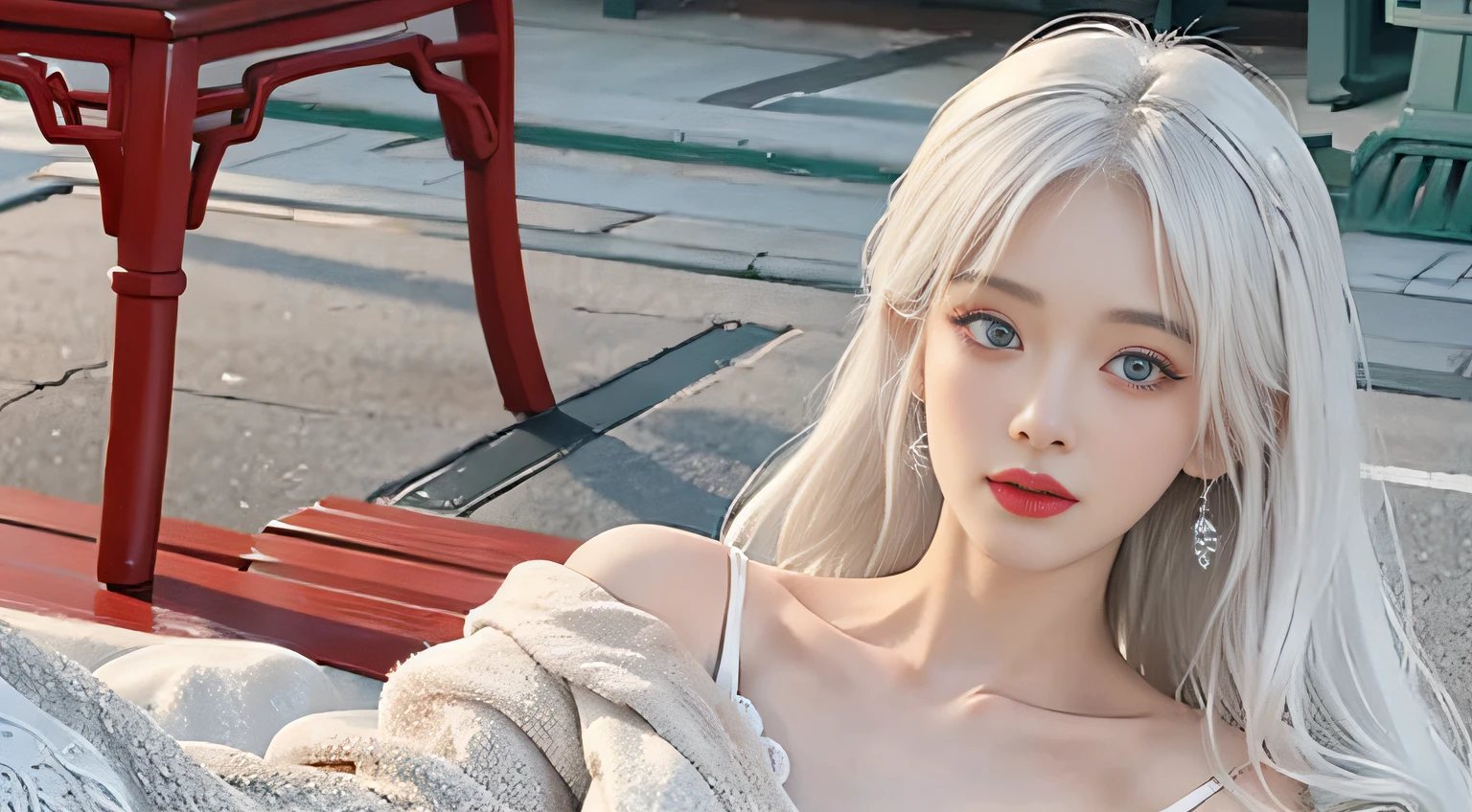 Medium Shot Shot, A beautiful woman looks at the camera, White hair, china red dress , green eyes