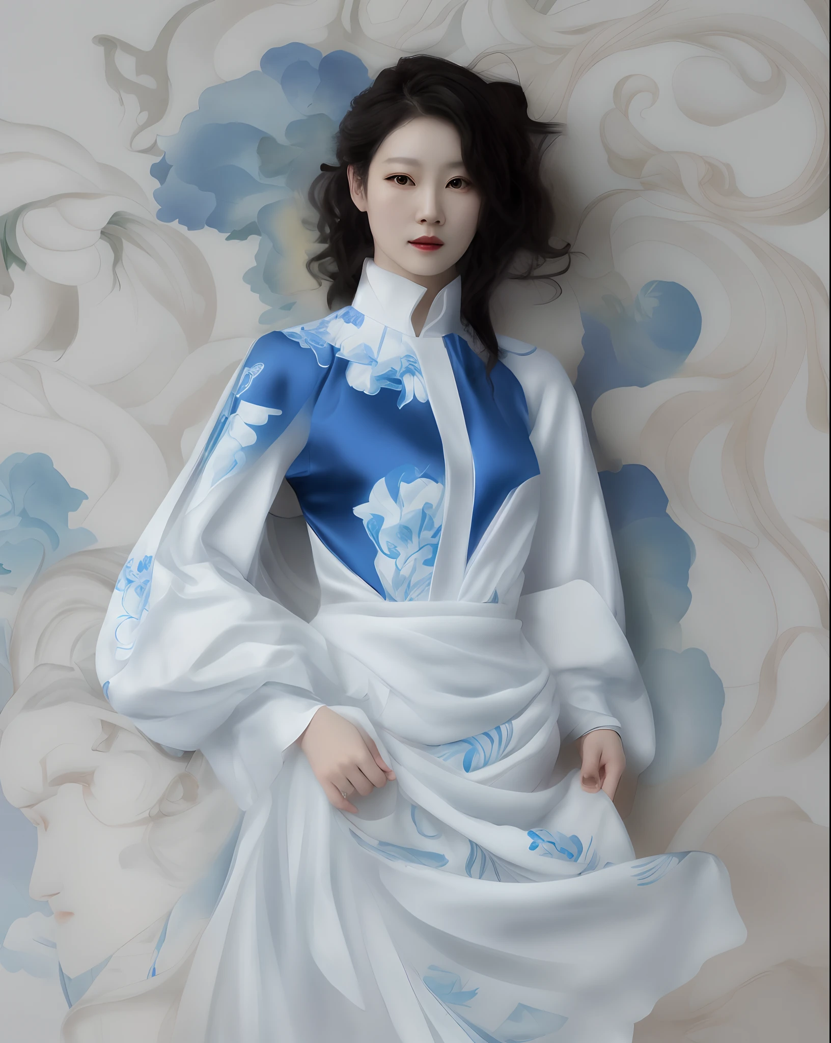 arafed woman in a white dress with a blue and white floral pattern, intricate silk clothing, inspired by Zhang Yin, inspired by Gao Fenghan, inspired by Gao Kegong, inspired by Zhang Zeduan, inspired by Gao Qipei, portrait shot, inspired by Qiu Ying, inspired by Gao Xiang, lucy liu portrait, inspired by Lu Guang