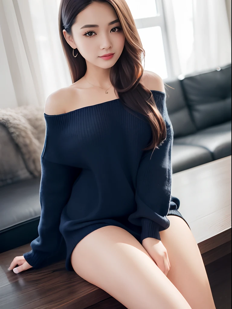 (​masterpiece、masutepiece、High quality、)、Pretty women 、25 years old、Clean face、lightsmile、large full breasts:1.2,Wear an off-the-shoulder sweater、Wear a short flared skirt、Legs are stockings、FULL BODYSHOT、Shooting from the front