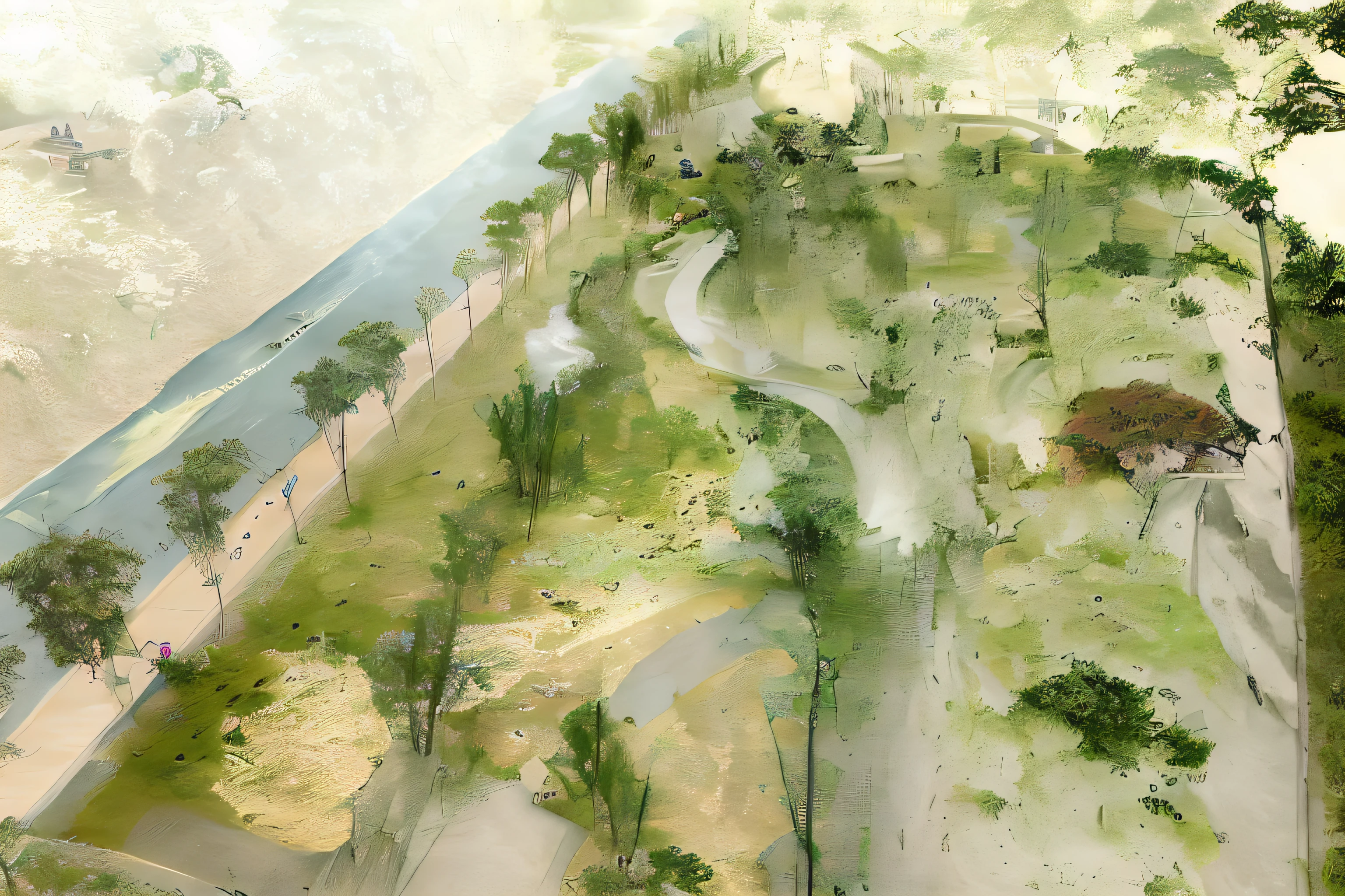 Aerial view of the road with bike paths and parks, landscape architecture photo, parks and public space, sangyeob park, A park, View from above, photo taken from above, Bird's eye view, looking from above, looking from above, cut, twisted waterway, park landscape, shaxi, ( Visually stunning, information, entertainment