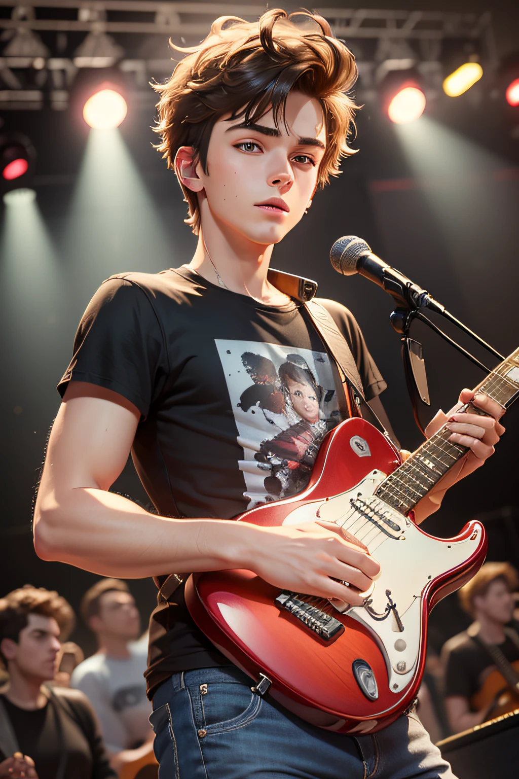 20 year old boy on stage with his guitar, cartoon, high definition, with many details, --auto --s2