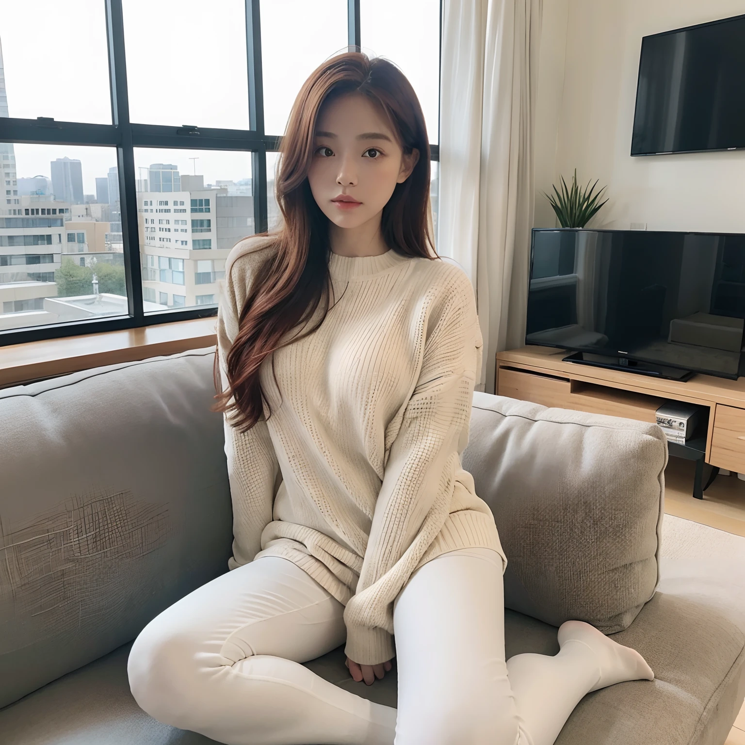A beautiful 26 Yrs Old Half American Half Japanese Biracial female, young, white skin tone. She is a redhead, natural redhead. Eye Color is Hazel, Slender, Curvy, sexy Body, sitting, comfortable, cozy oversized sweater, leggings, and socks. Sitting on couch, High rise luxury apartment setting, glass walls, day time, photorealistic, very detailed, 1 girl, alone, tv in view, living room, hiding her hands