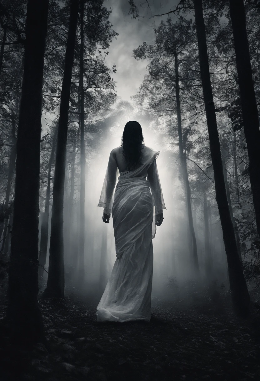 A woman wearing white sari and holding night lamp walking in the middle of the forest in night,close up, side view