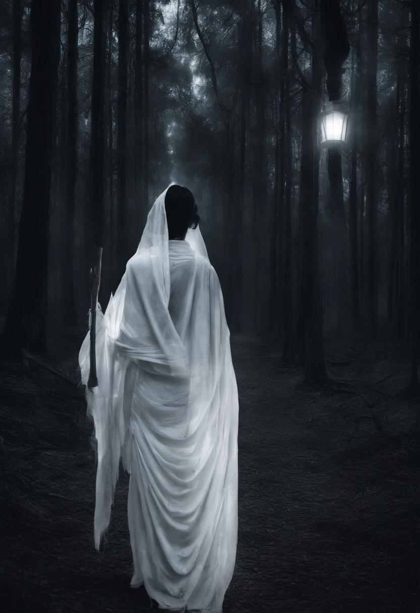 A woman wearing white sari and holding night lamp walking in the middle of the forest in night,close up, side view