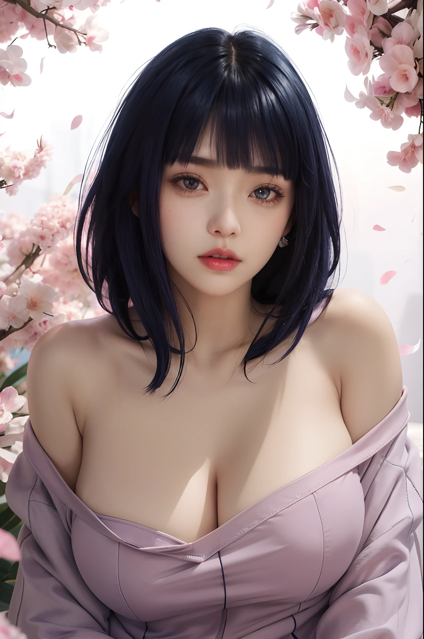 a close up of a person with long hair and a hoodie, hinata hyuga, hinata hyuga from naruto, from naruto, as an anime character, perfect anime face, she has dark blue hair with bangs, female anime character, anime character, anime best girl, hime cut hairstyle, dark blue hair, (red glossy lips:1.3), light purple eyes, big breasts, realistic, ultra detail, indoor background