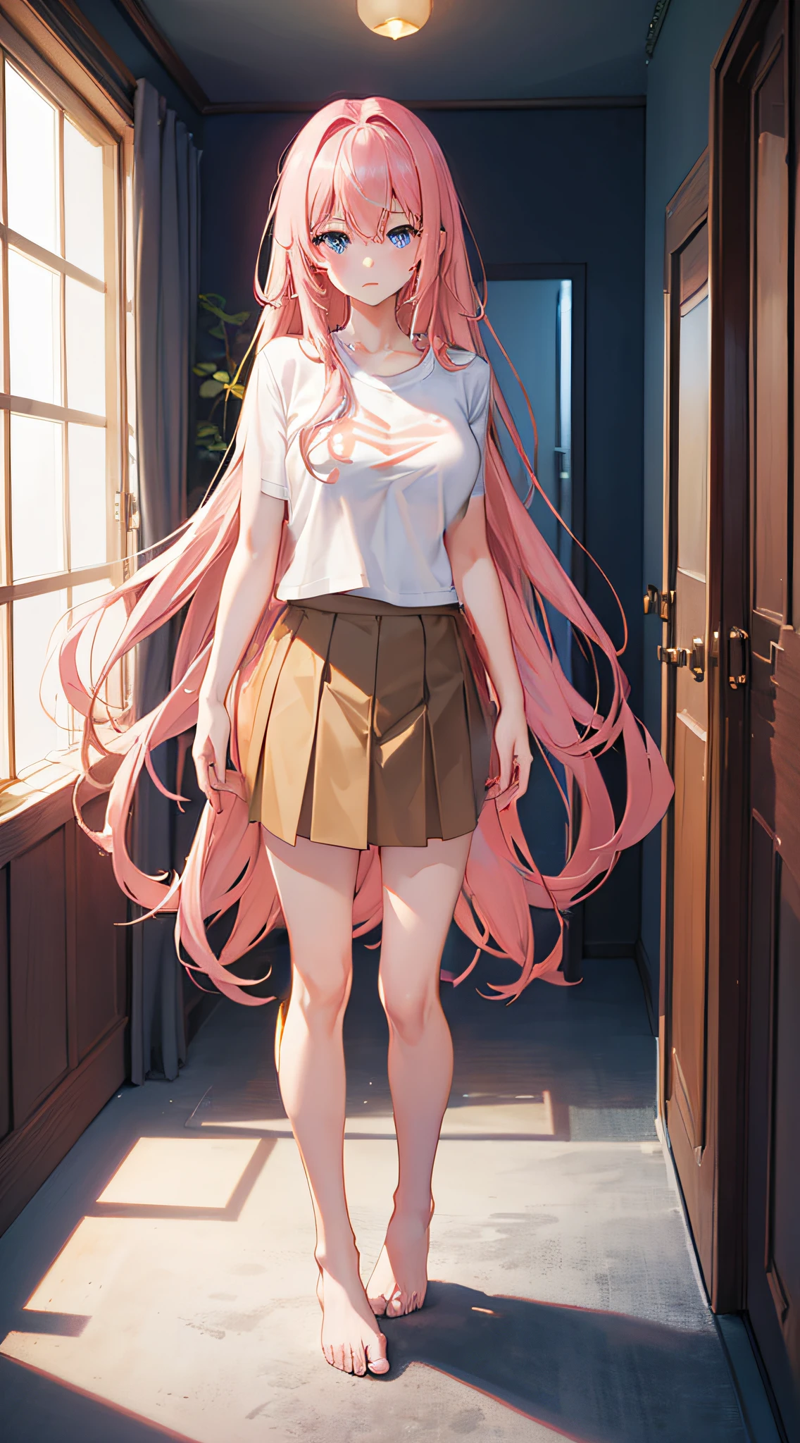 Wearing a T-shirt、She wears a skirt below the knee