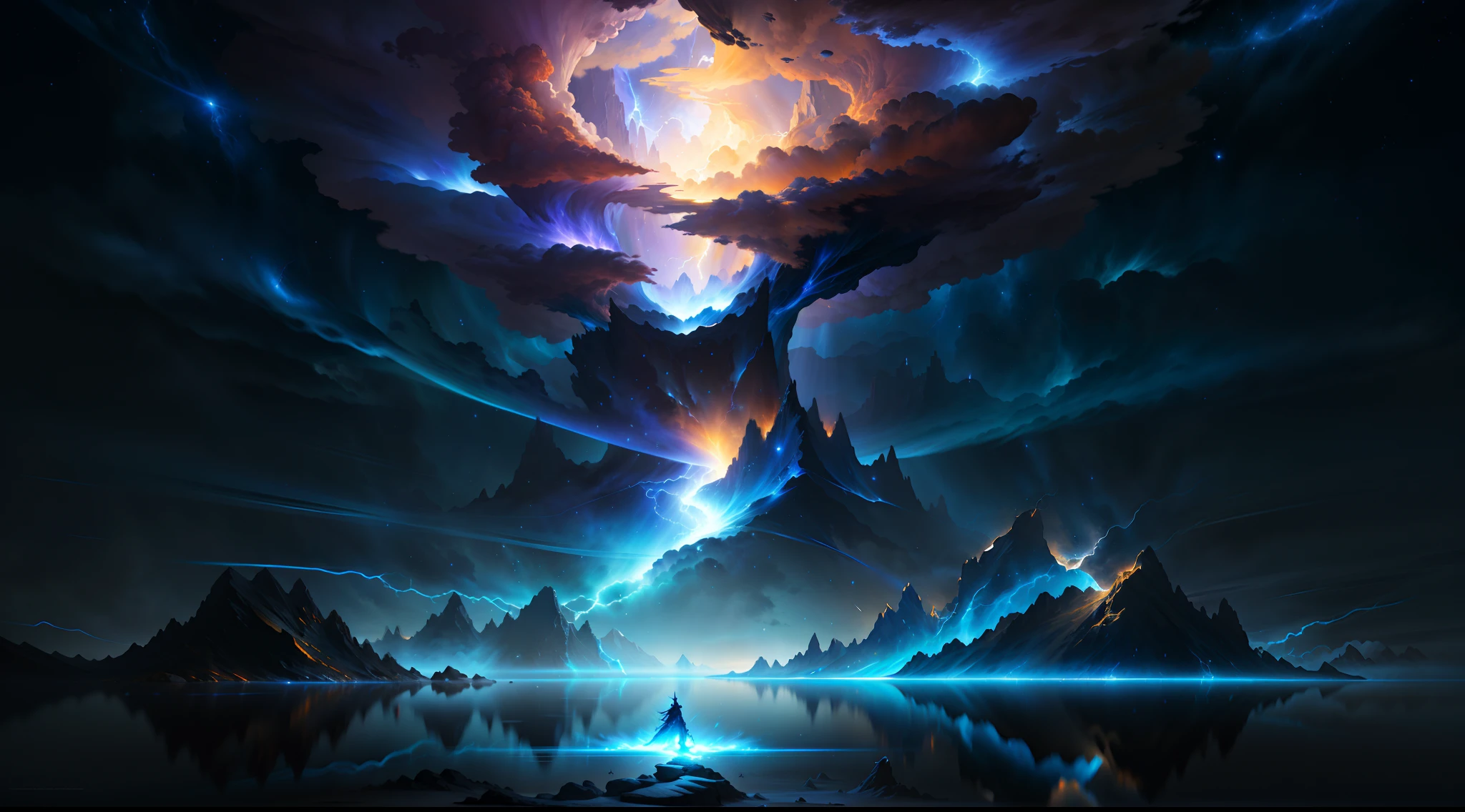32k(tmasterpiece,K HD | |,hiper HD,32k),There is personal support,Olhando para as estrelas,Havia um raio saindo de uma montanha no oceano, Jessica Rossier Arte de fantasia, dramatic volumetric lightning, lightning fantasy magic, epic dreamlike fantasy landscape, inspirado em Christopher Balaskas, Por Jessica Rossier, cinematic lightning and colors, inspirado em jessica rossier, Volumetric lightning, stuning fantasia 3 d render, interdimensional lightning