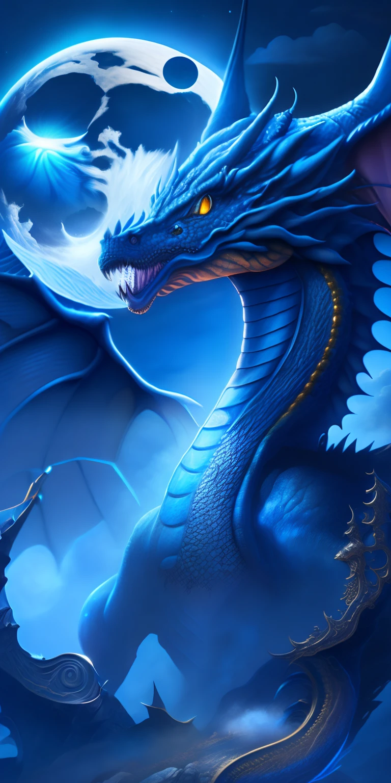 Grand Dragon noire avec des reflets bleutée, de longues corne et des yeux doré