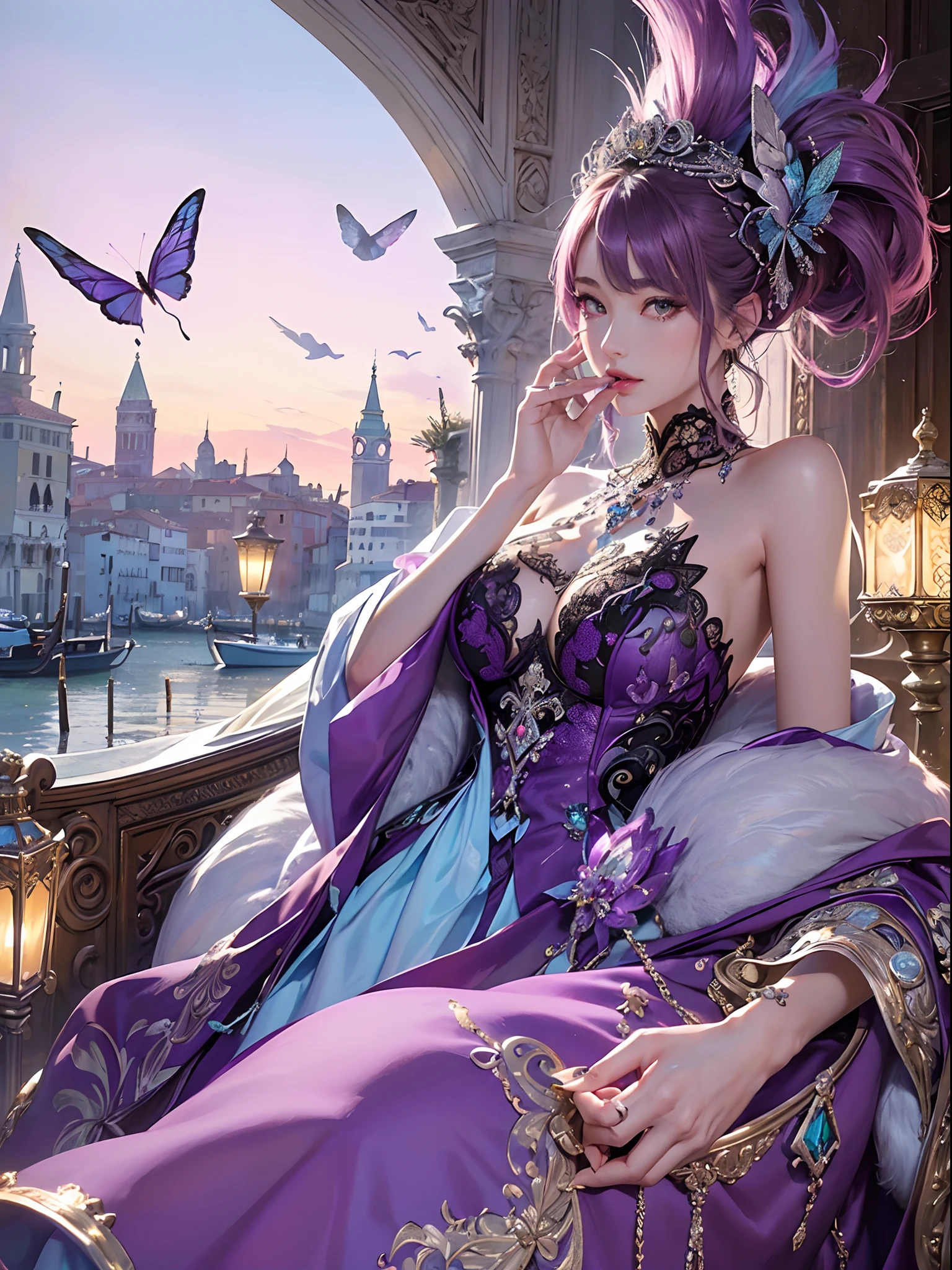 Purple and silver tones、Vibrant colors、((masterpiece)))、(((top-quality)))、((ultra-detailliert))、(A hyper-realistic)、(highly detailed CGillustration)、Official art、Venice at the beginning of the 20th century、Decadent、Madame Papillon、Masquerade、refinement、Elegance、Gorgeous、Gorgeous、Masks that cover most of the face、Colorful and detailed mask design、matchless beauty、Fans、Gorgeous Cocktail Dresses、jewely、Perfect Angle、perfect-composition。full body Esbian