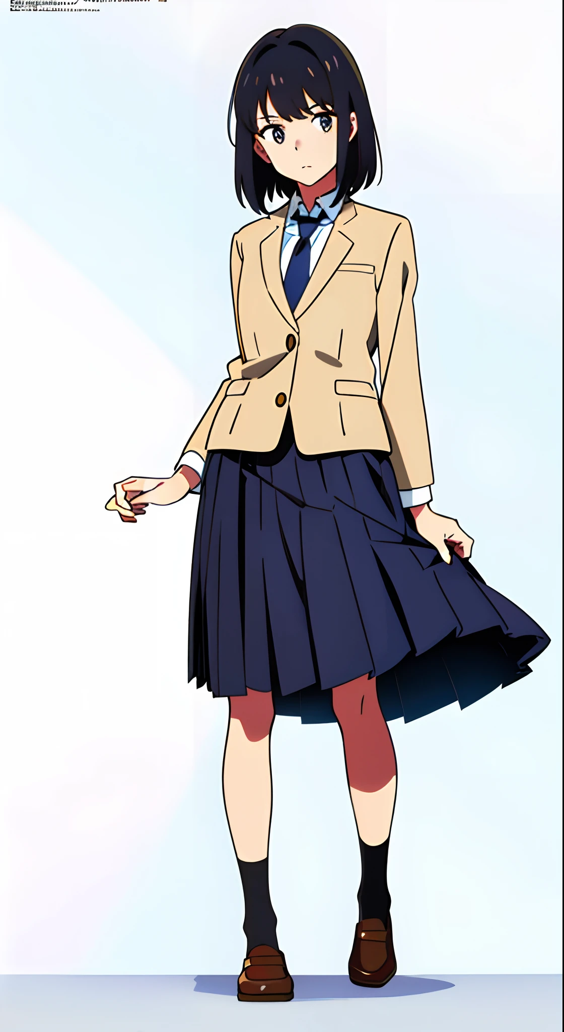 (white background:1.1), (best quality:1.3), (masterpiece:1.3), (full body:1.0), (solo:1.0), (a 18yo cute girl:1.3), (long skirt:0.9), (dark blue skirt:1.0), (pleated skirt:1.1), (school uniform beige blazer:1.1), (dark blue necktie:1.0), (black socks:1.0), (loafers:1.0), (lanky:0.9), (tall:0.9), (slender:1.1), (small breasts:0.9), (detailed beautiful eyes:1.0), (detailed beautiful face:1.0), (glowing black eyes:1.0), (short hair:1.0), (strait hair:1.0), (black hair:1.0), (standing:1.0), (looking at viewer:1.0)