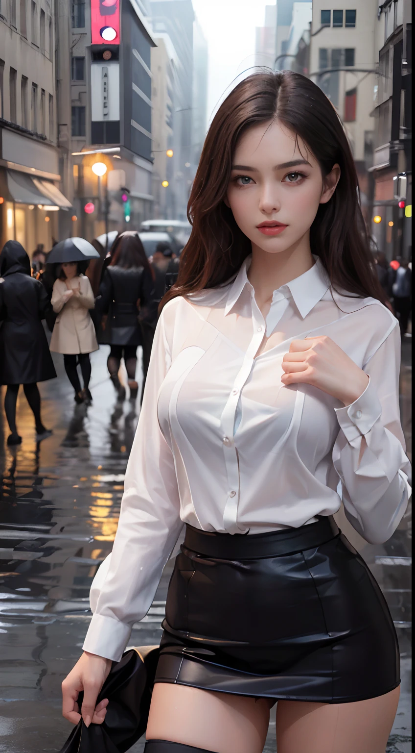 ((Realistic lighting, Best Quality, 8K, Masterpiece: 1.3)), Focus: 1.2, 1girl, Perfect Beauty: 1.4, Slim Abs: 1.1, (Big Breasts), (White Shirt: 1.4), (Outdoor, Night: 1.1), City Street, Super Fine Face, Fine Eyes, Double Eyelids, (Over the Knee Black Stockings: 1.5), (Wet in the Rain, Wet: 1.2)