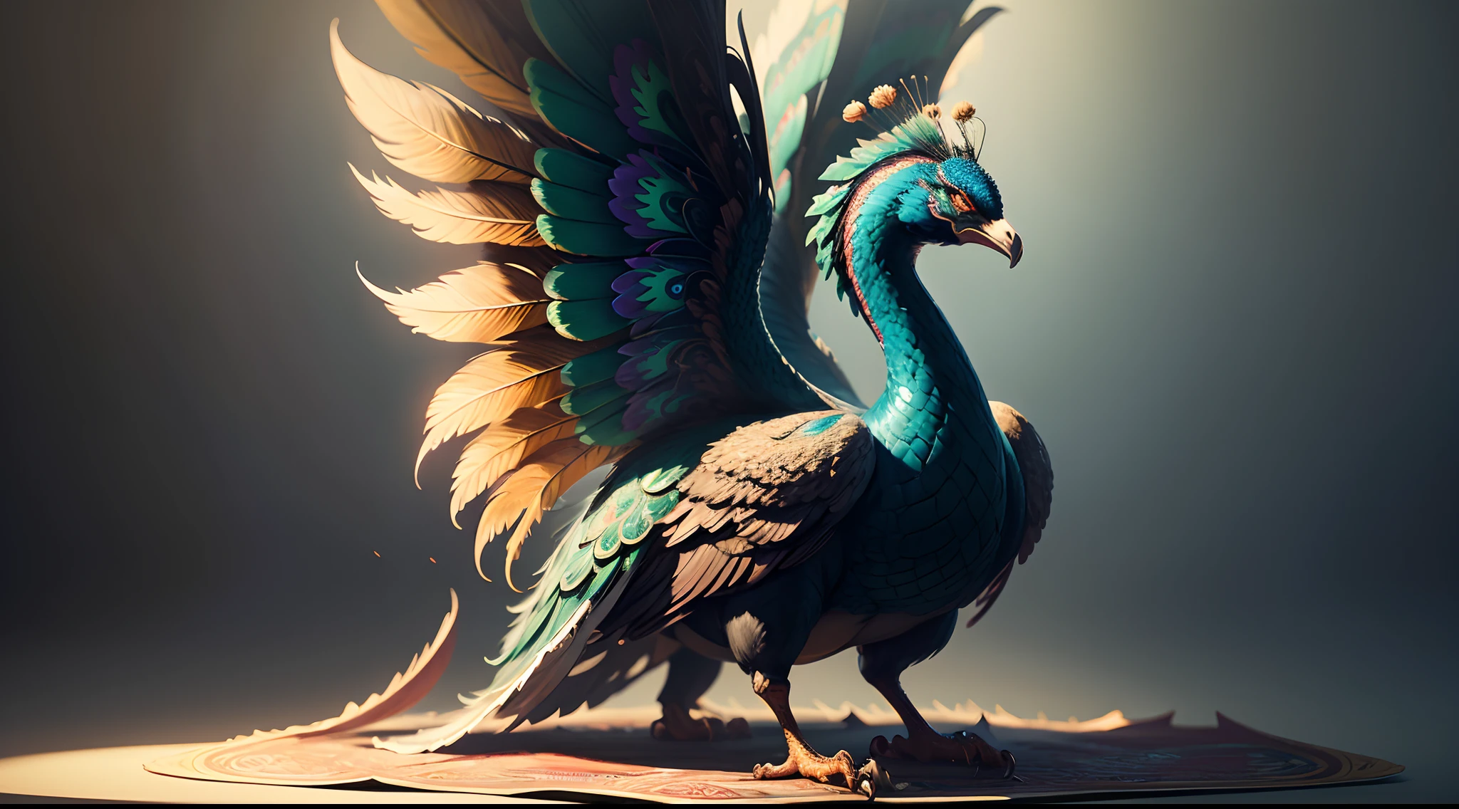 peacock,chinesedragon,Big peacock,fatness,The body is hugely fat,Feathers like Chinese phoenixes,Peacock wings,It has countless thick dragon tails,The tail has the tail feathers of the Chinese phoenix peacock,Dressed in a variety of Chinese national costumes,Peacock eggs are about to be produced,The main body is parasitic on the belly of a Chinese phoenix,In the nest of the branches of the phoenix's hatching trees,agony,rot,de cor laranja,yellow,green,blue,blanche,fantasy,photorealestic,mito,Feather,8K,China-style,oc rendered,super-fine,high qulity,A high resolution,ultra - detailed,Perfectcomposition, Beautiful intricate details, 8K art photography, Arte conceptual fotorrealista, soft natural volumetric cinematic perfect light, Chiaroscuro, Full body standing painting,best qualtiy,Best resolution