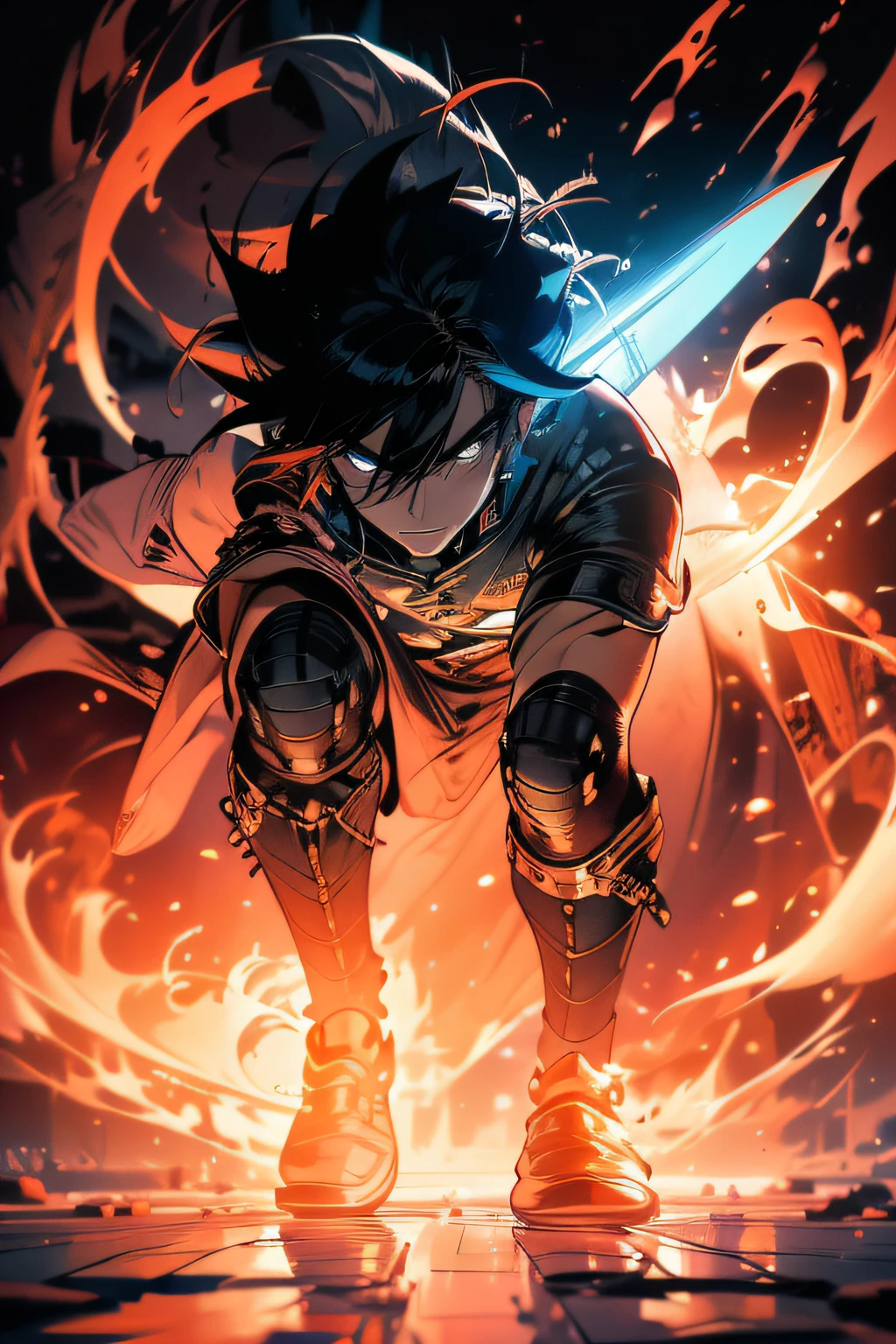 "18-year-old man,Jet-black flowing hair,Holding a flaming sword in his hand, Surrounded by a ruined village,The house was on fire. Fight black creatures, Amber Eyes, Concept art and cinematic lighting with shadows on display. very wide angle shot, Ultra HD masterpiece,structurally correct. The image is 1080p, 4K, and 8K for the best quality. The man was seen charging his sword, Prepare for a powerful blow."