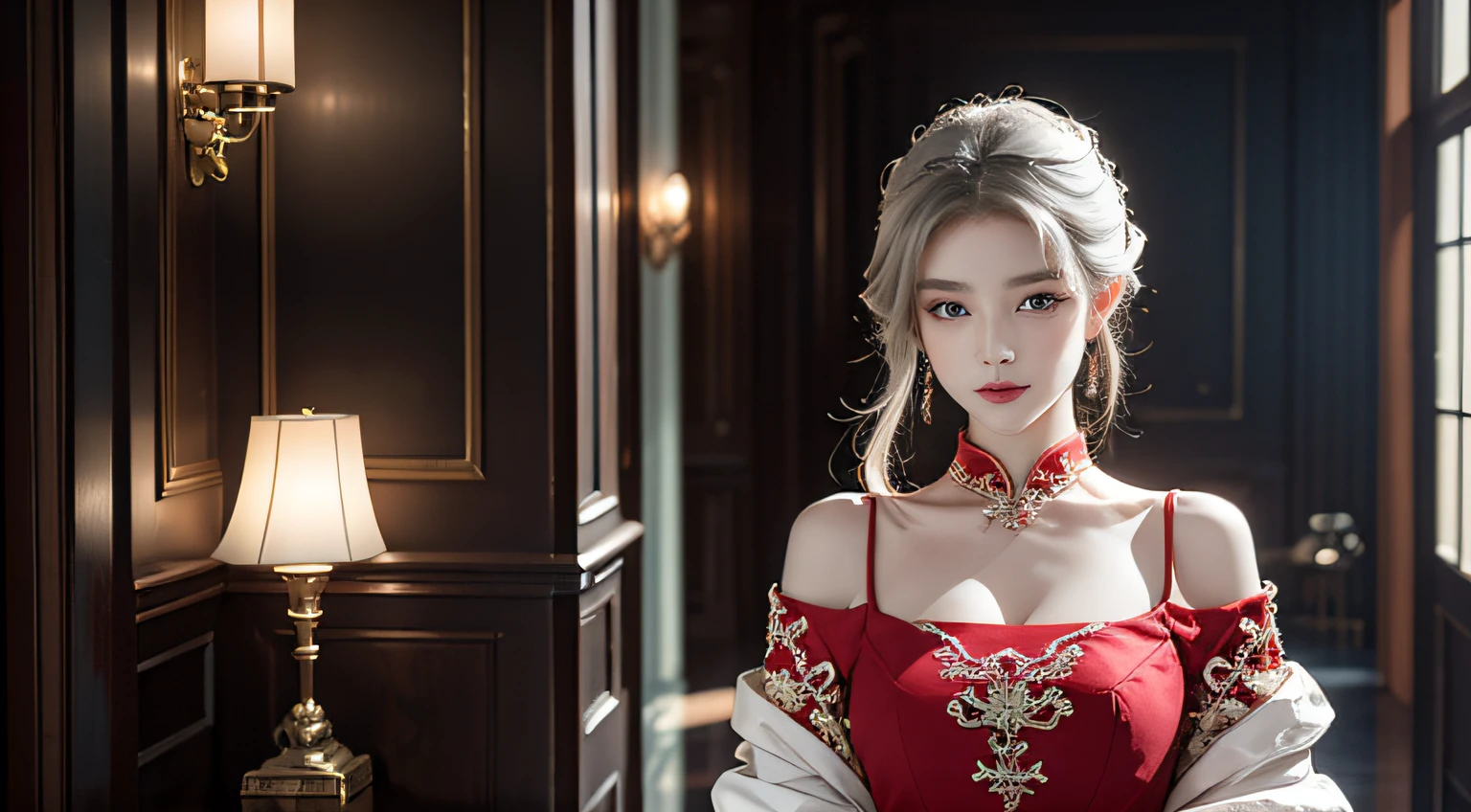 Top quality work,Photorealistic works,Ultra Premium Graphics,8K HD CG works,High-quality graphics,High-definition fine CG works,10x pixel,Ultra-fine details:1.1,Advanced technical details:1.1Photographically realistic,Indoor lighting effects:1.5,Natural light:1.5. light effect(Virtual Light Effects:1.8),超A high resolution ,Transparent hair,High Detail Hair(Premium Hair Detail:1.1)Clear eyes,Good looking double eyelids,Sharp eye makeup, Delicate makeup for eyelashes, Thin eyebrows, ultradetailed eyes,High Nose, lovely red lips, Rose cheeks, Face with delicate makeup , Pretty Face, A perfectly proportioned face,(Advanced facial details:1.1), Women's Artwork,full-body view,Goddess of Dress,,amazing,Today's eyes are bright, A beautiful woman looks at the camera, White hair, china red dress , green eyes ,full body