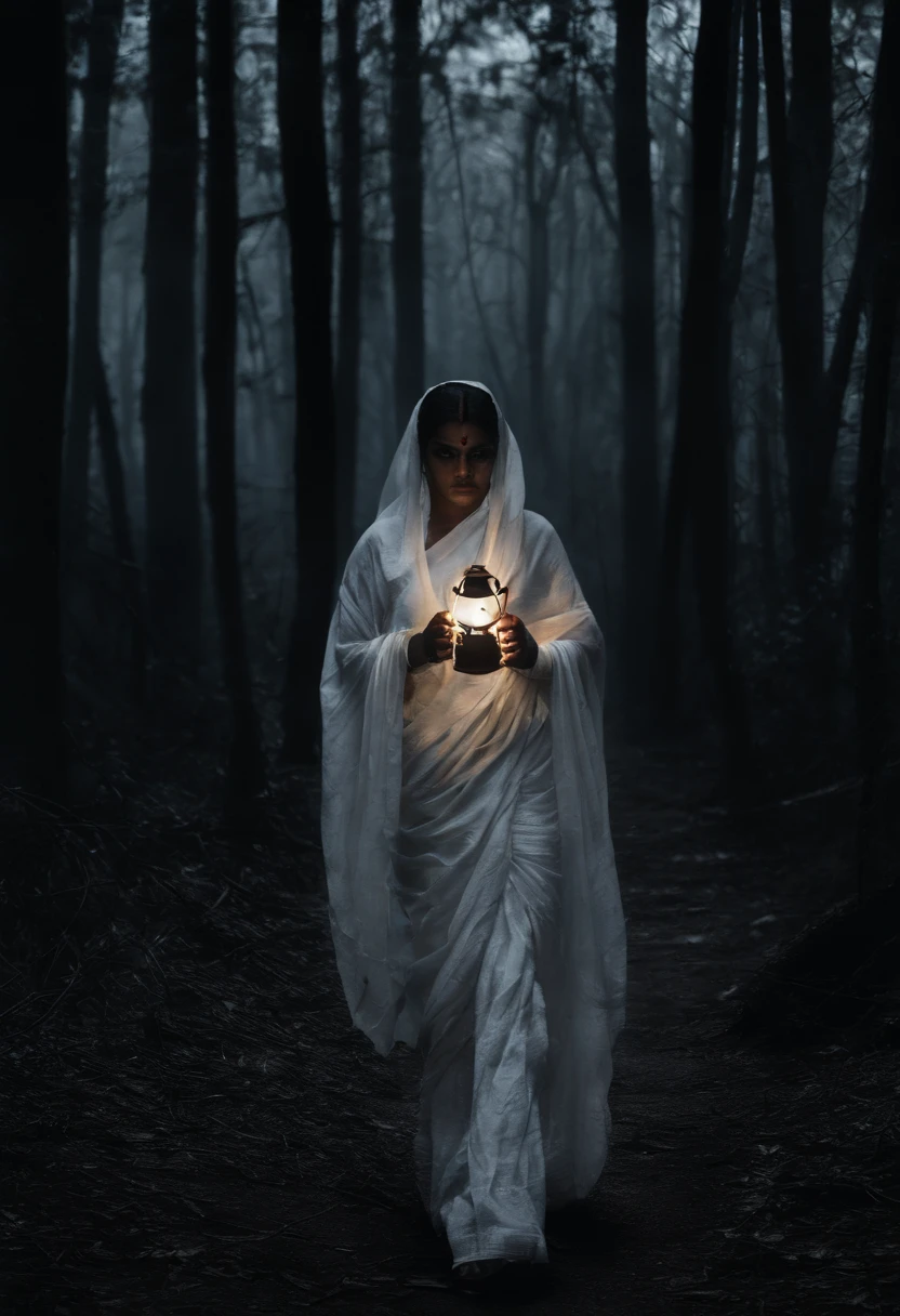 A woman wearing white sari and holding night lamp walking in the middle of the forest in night,(close up)