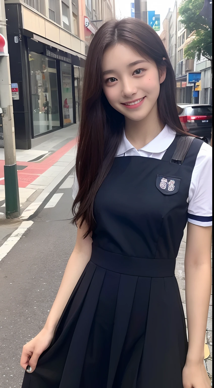 ((top-quality、8K、​masterpiece:1.3))、1girl in、A smile、full body Esbian、Slim Faces、Pretty women、(dark brown  hair)、Full-length dresses:1.1、hyperdetailed face、A detailed eye、二重まぶた、blured background、Slim Faces、城市、takeout、a street、hi-school girl、Nasty sexual smile、date、Nasty sexual oversight
