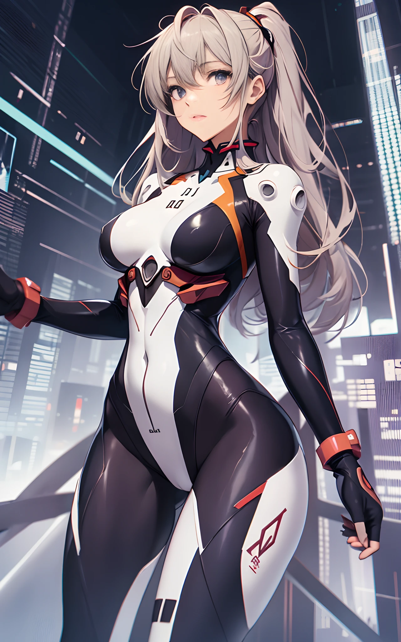 NSFW, LWRD, Sci-fi, near-future dystopia, Futurism, cyberpunk, steampunk, 1girl, solo, adult, 20yo, mature adult woman, Sensual sexy gynoid, (A female murderer gynoid who is more beautiful than a human woman and created by an AI with an evil plan.), (evil AI seducer looks at the viewer from the screen and smiling lecherously.),Appearance that arouses sexual excitement in men, A perfectly proportioned and beautiful figure, (perfectly beautiful woman, perfectly beautiful face,(upper body), perfectly beautiful eyes, perfectly beautiful nose, perfectly beautiful nostrils, perfectly beautiful lips, closed mouth, ),(beautiful eyes, red eyes:1.5, eye reflection:1.5, glowing eyes:1.5, solid circle eyes, squint, half-closed eyes, dark red lips),(stare seductively:1.7),(cruel grin:1.5), BREAK, Slender, with very short blonde curly hair, (Metallic silver color enamel full body suit that highlights her sexy body line.:1.5), size 4 breasts, collarbone, (cleavage, camel toe), in places with exposed parts of the body, exquisite erotica, sitting in a free position, legs slightly apart, night futuristic city, night time, neon lights, (cinematic quality, ideally proportioned figure, many layers, Masterpiece, high quality photo, c curate, UHD, retina, super detail, award winning, high res, anatomically correct, RAW photo,8k, all intricate, ray trace:1.5, metallic luster:1.5)