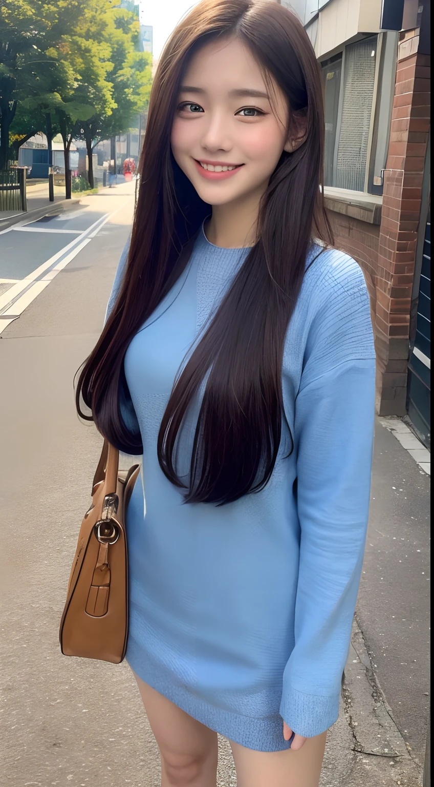 ((top-quality、8K、masterpiece:1.3))、1girl in、A smile、full body Esbian、Slim Faces、Pretty women、(dark brown hair)、Full-length dresses:1.1、hyperdetailed face、A detailed eye、二重まぶた、blured background、Slim Faces、城市、takeout、a street、hi-school girl、Nasty sexual smile、date、Nasty sexual oversight