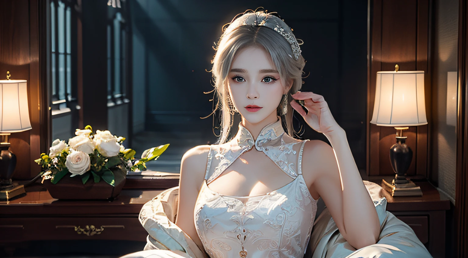 Top quality work,Photorealistic works,Ultra Premium Graphics,8K HD CG works,High-quality graphics,High-definition fine CG works,10x pixel,Ultra-fine details:1.1,Advanced technical details:1.1Photographically realistic,Indoor lighting effects:1.5,Natural light:1.5. light effect(Virtual Light Effects:1.8),超A high resolution ,Transparent hair,High Detail Hair(Premium Hair Detail:1.1)Clear eyes,Good looking double eyelids,Sharp eye makeup, Delicate makeup for eyelashes, Thin eyebrows, ultradetailed eyes,High Nose, lovely red lips, Rose cheeks, Face with delicate makeup , Pretty Face, A perfectly proportioned face,(Advanced facial details:1.1), Women's Artwork,full-body view,Goddess of Dress,,amazing,Today's eyes are bright, A beautiful woman looks at the camera, White hair, china red dress , green eyes ,fuull body