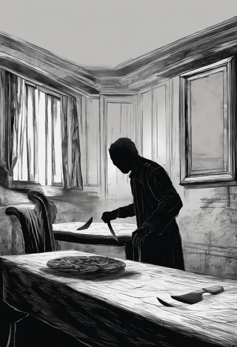 A( man with a knife looking for a woman who is hiding under a table )