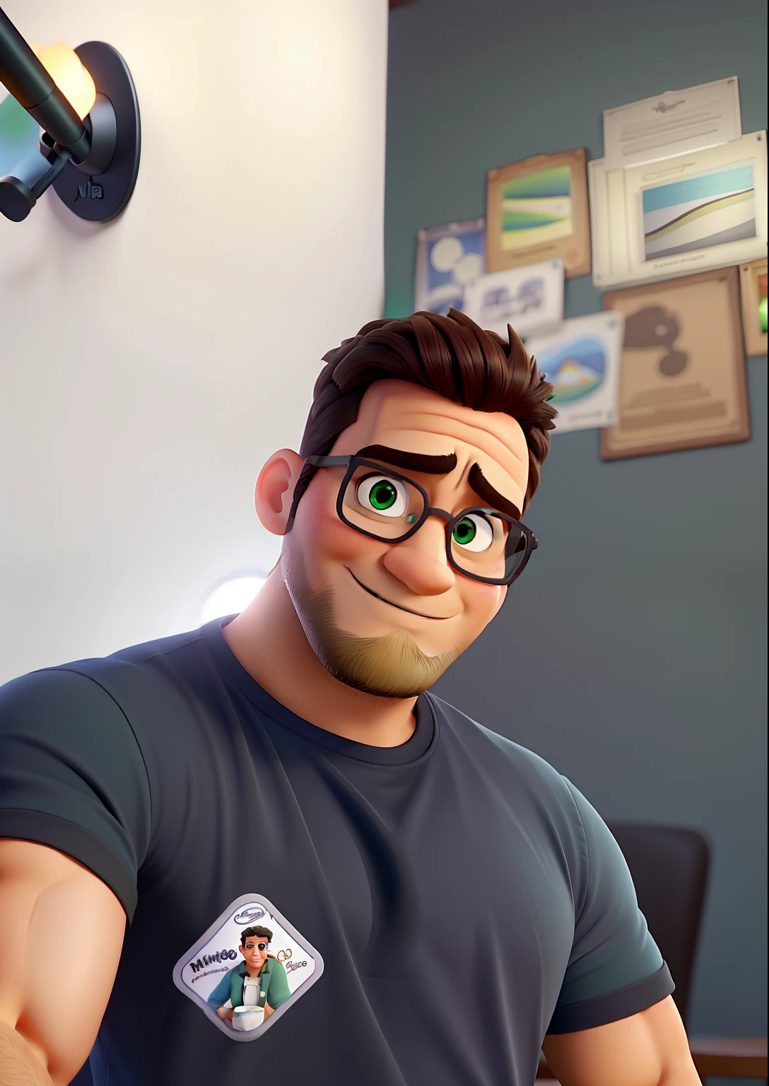 Poster no estilo Disney pixar, alta qualidade, melhor qualidade, homem sexy branco, 30 anos cabelo preto e barba preta, musculoso, with professional camera, Green eyes and glasses with background in a candlelight restaurant