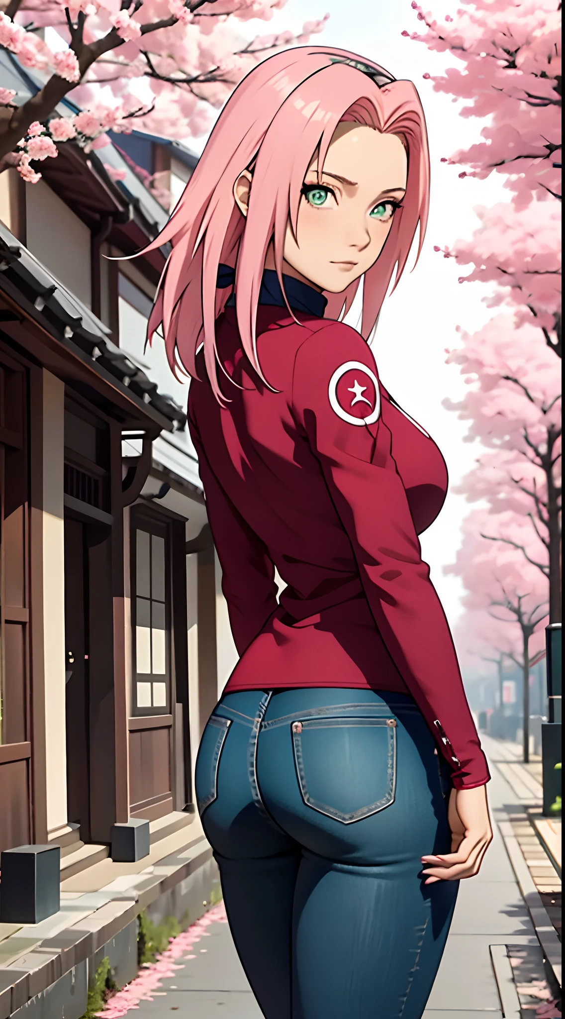 tmasterpiece， Best quality in the best， 1girll， Sakura Haruno， big boobs，schulterfreie Kleidung，（Spaltung)，Sexy erzogen，is shy，missmutig，mit rosa Haaren， lange rosa Haare， （green eyes:1.4)， Stirnschutz， The cherry trees，Flying cherry blossoms,perfekter runder arsch,von hinten,Full body portrait from behind,arsch in die kamera,skinny jeans