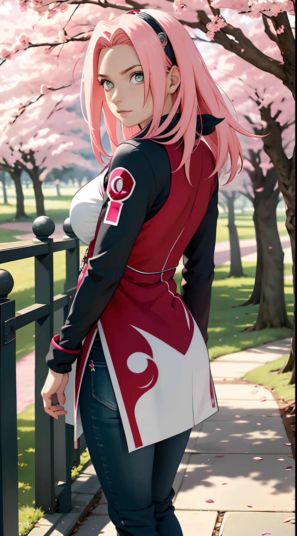 tmasterpiece, Best quality in the best, 1girll, Sakura Haruno, big boobs,schulterfreie Kleidung,(Spaltung),Sexy erzogen,is shy,missmutig,mit rosa Haaren, lange rosa Haare, (green eyes:1.4), Stirnschutz, The cherry trees,Flying cherry blossoms,perfekter runder arsch,von hinten,Full body portrait from behind,arsch in die kamera,skinny jeans