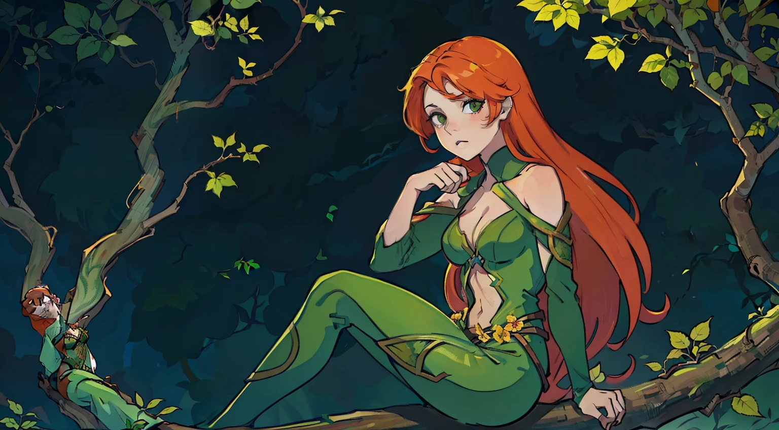 woman sitting on a tree branch, poison ivy,  orange flowing hair, circa 2008, flowering vines, overgrown greenery, costume design, neutral background, Masterpiece, Best Quality, (Highres) (original) , (very detailed wallpaper) , very, hard shadows, Cinematic shot, dramatic lighting